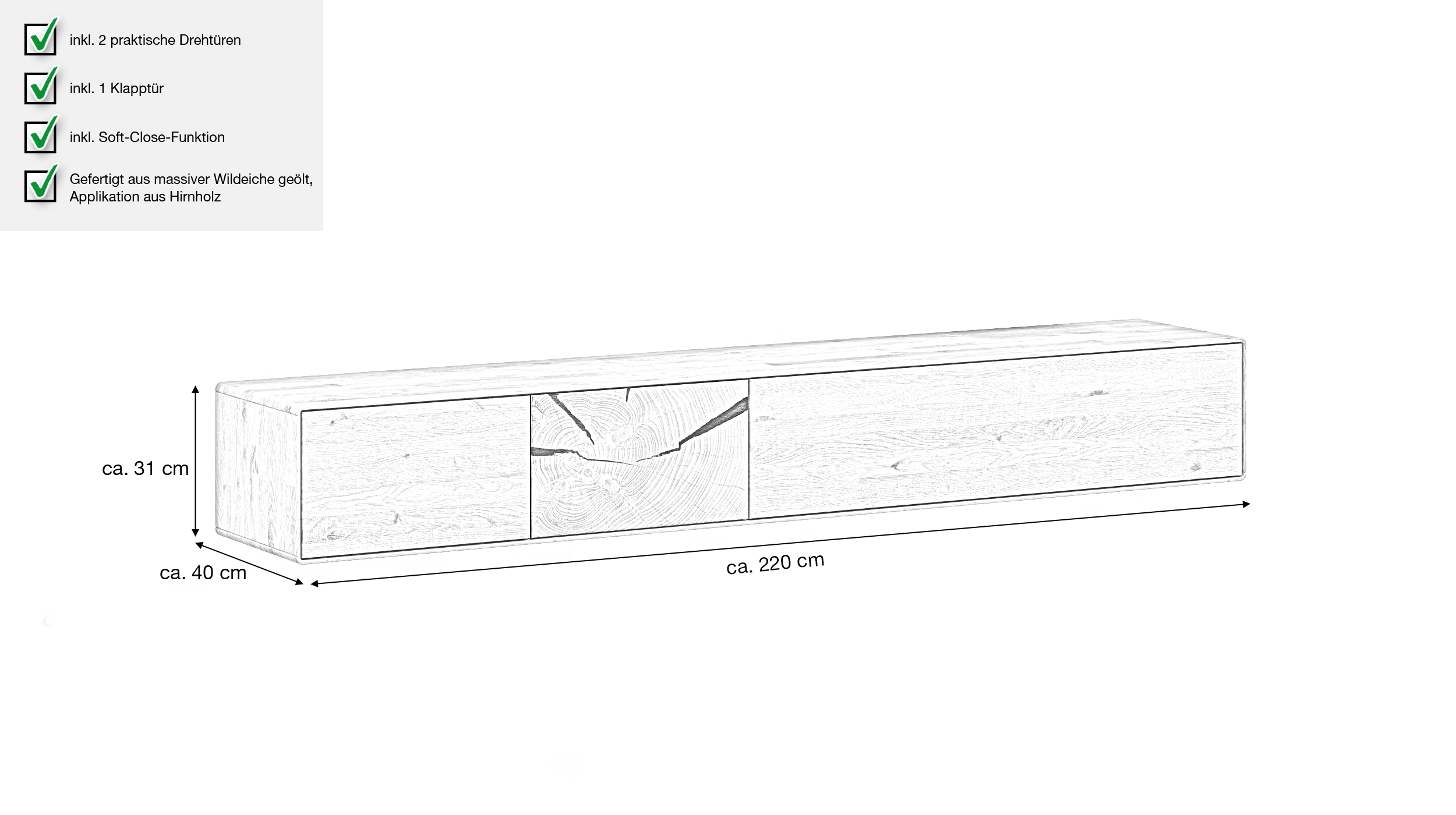 TV - Lowboard Wildeiche massiv geölt - montiert - 220 cm - TORVEN