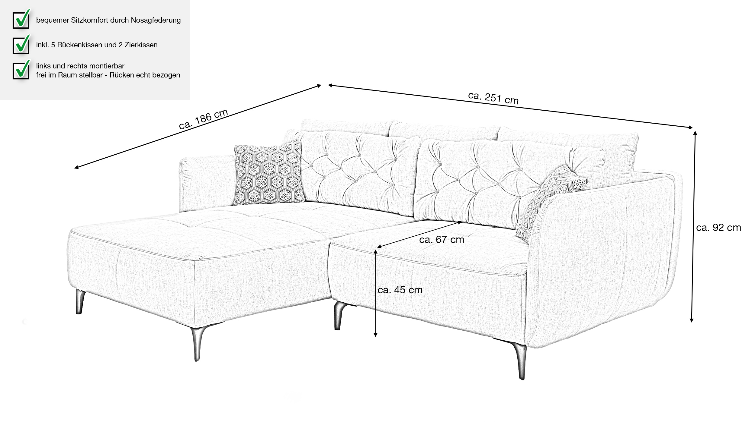 Ecksofa Veloursbezug hellgrau 251 x 186 cm - SALO