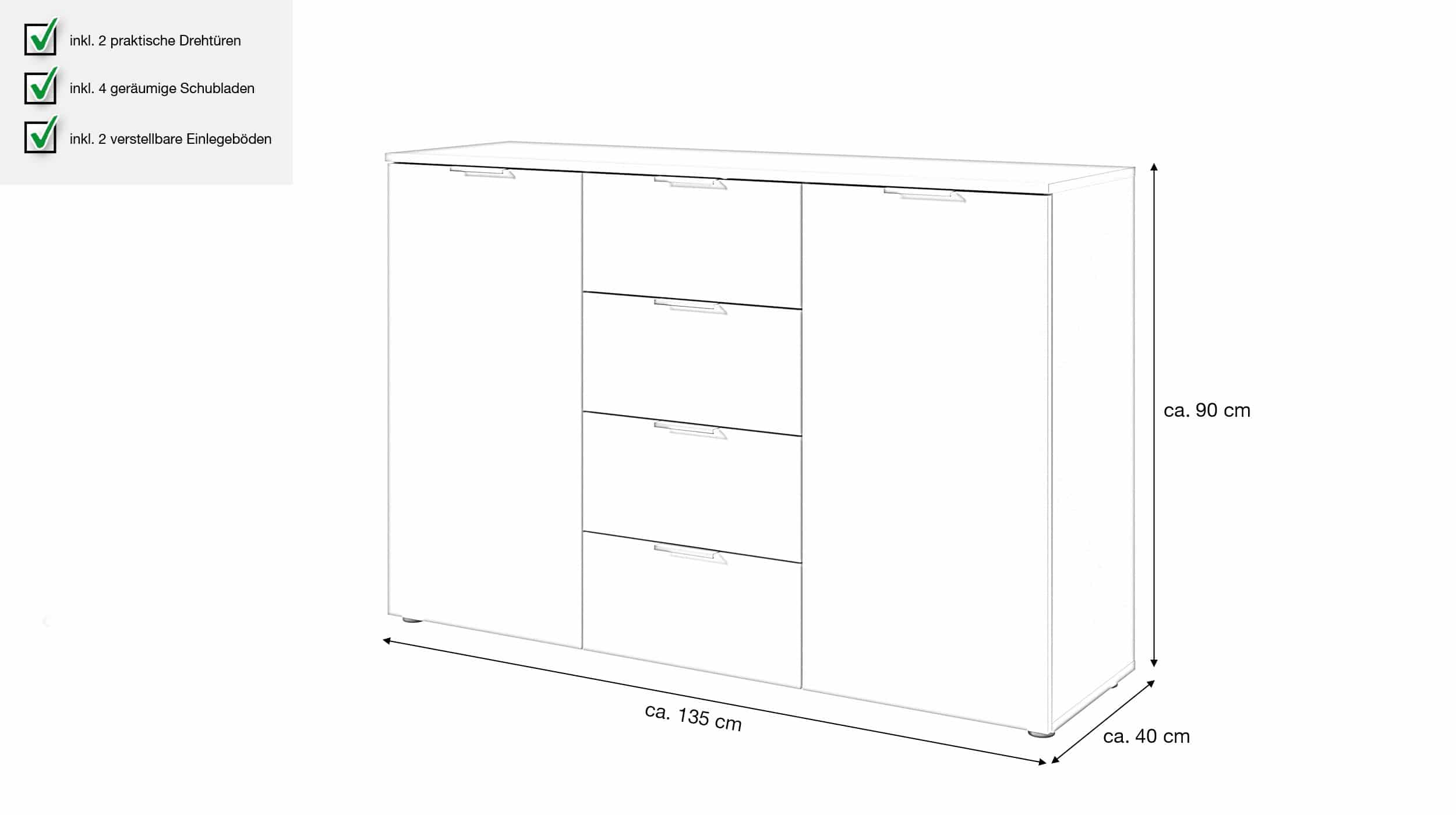 Kommode mit 4 Schubladen grün 135 x 40 cm - LINZ