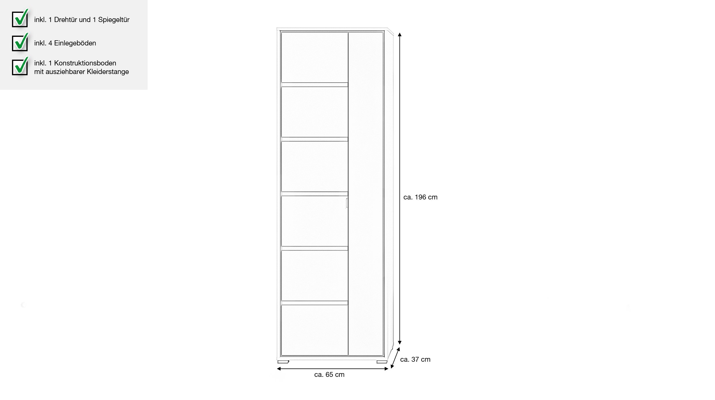 Garderobenschrank matt grau 196 cm - Spiegeltür - JARU