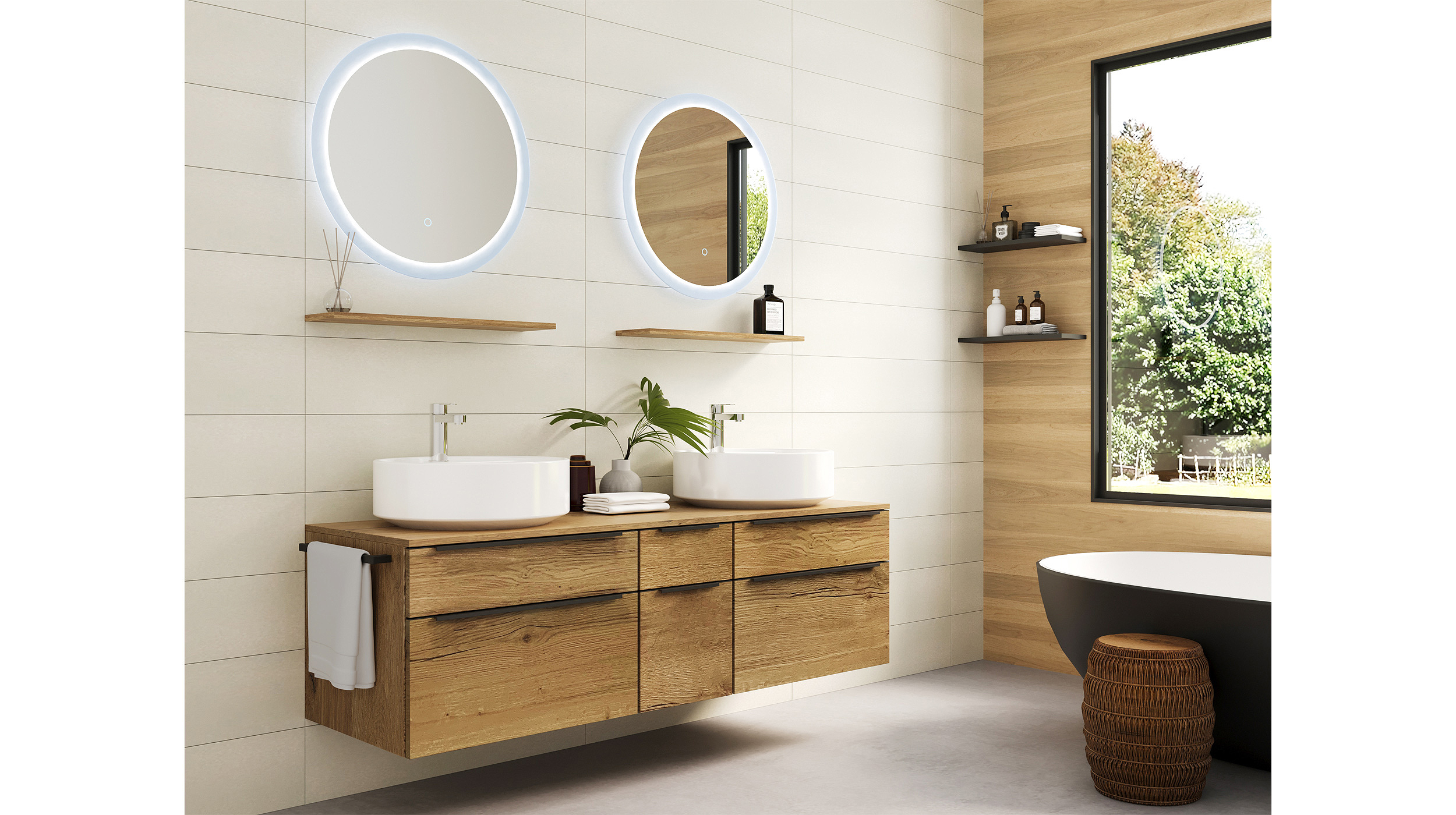 Badmöbel-Set Eiche - 7 Teile - Doppelwaschtisch 151 cm - SKYE