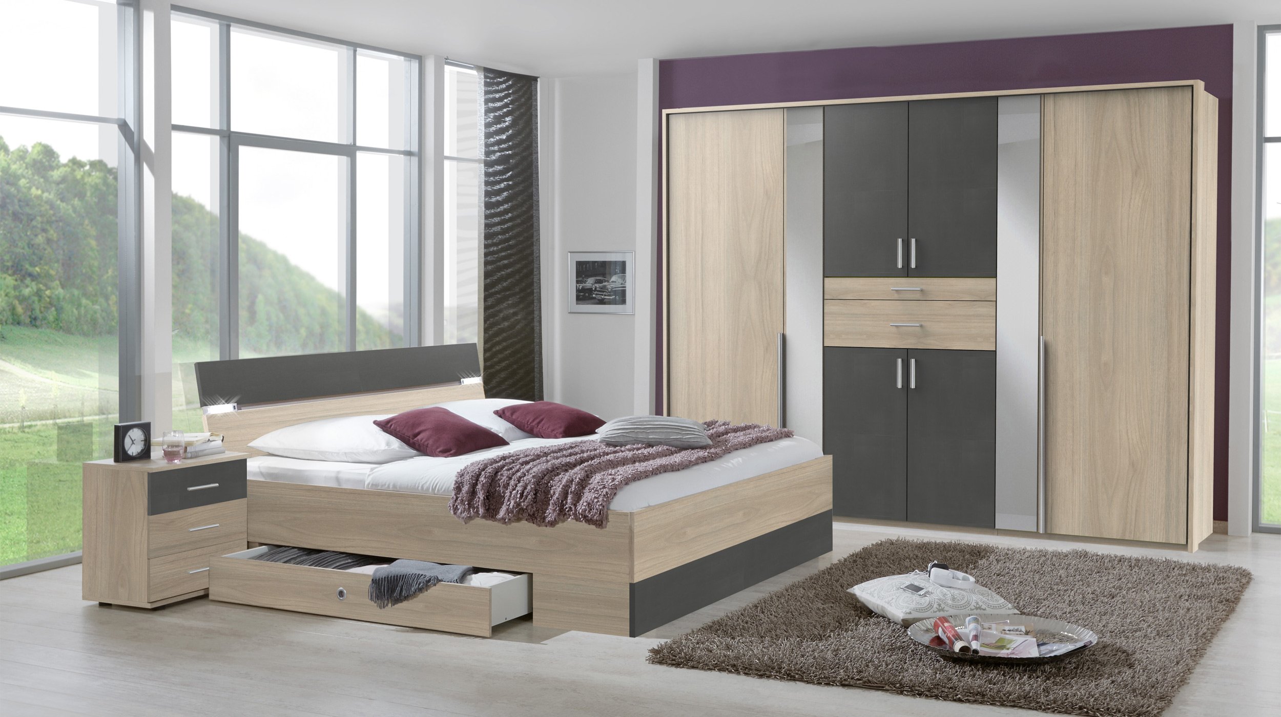 Kleiderschrank mit Spiegel 270 cm - Hickory Oak - grau - XANTEN