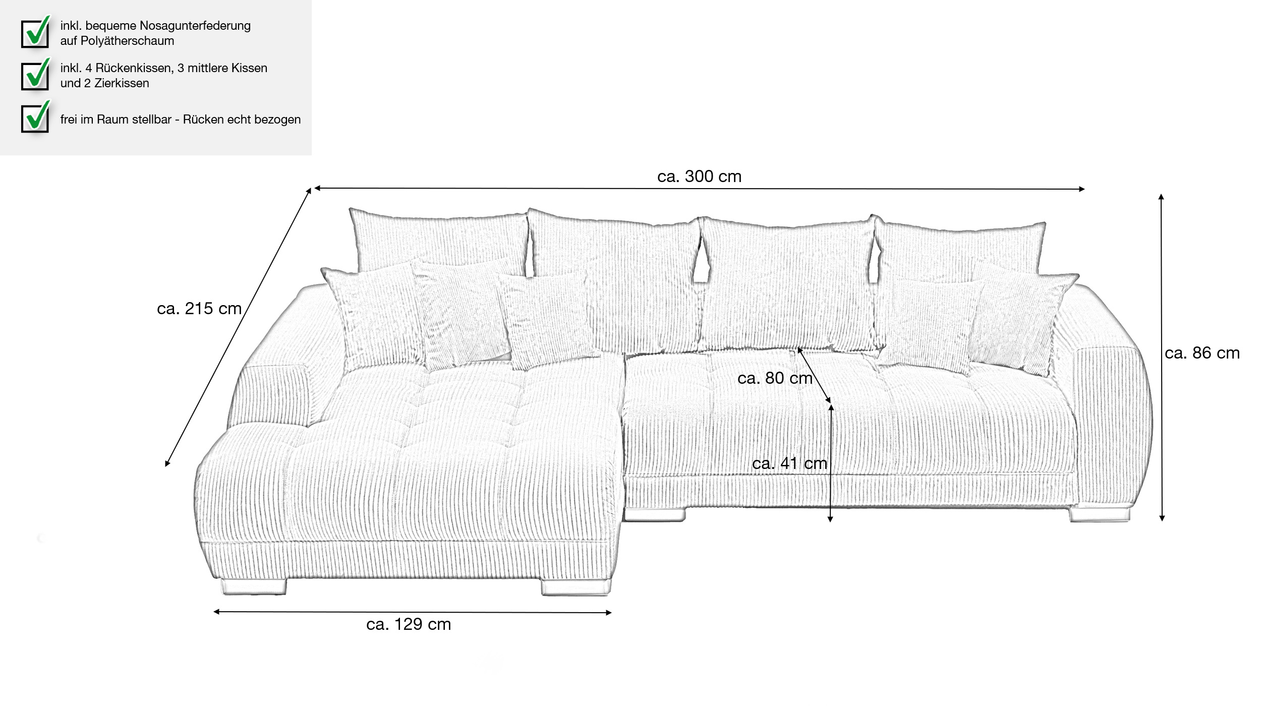 Ecksofa Cord grau 300 x 215 cm - ARTEMIS