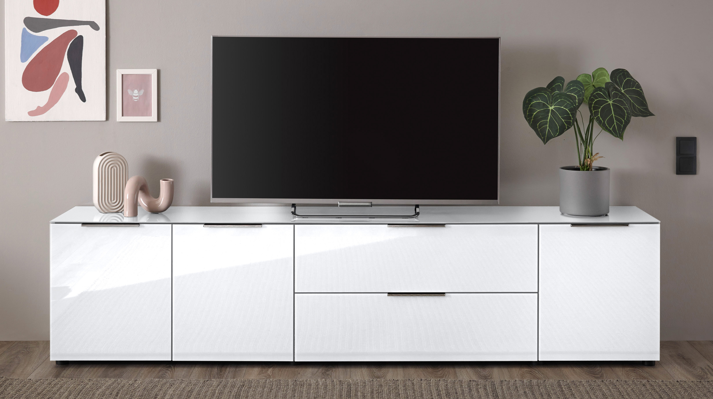 TV-Lowboard weiß - Glasfront - 226 cm - SANTORIN