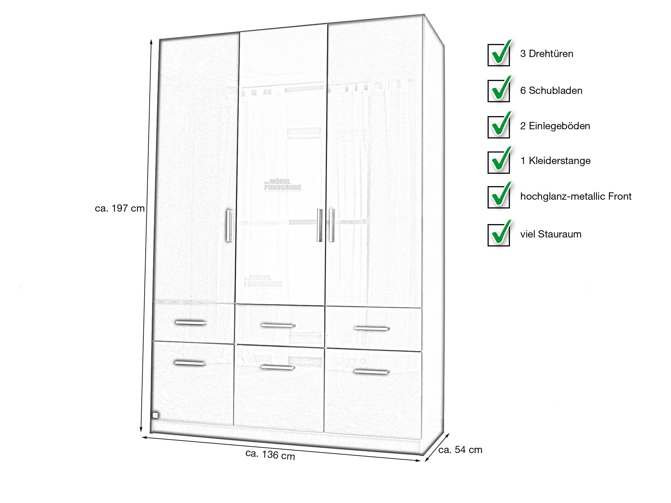 Kleiderschrank mit Spiegel - hochglanz grau - 136 cm - rauch - CELLE