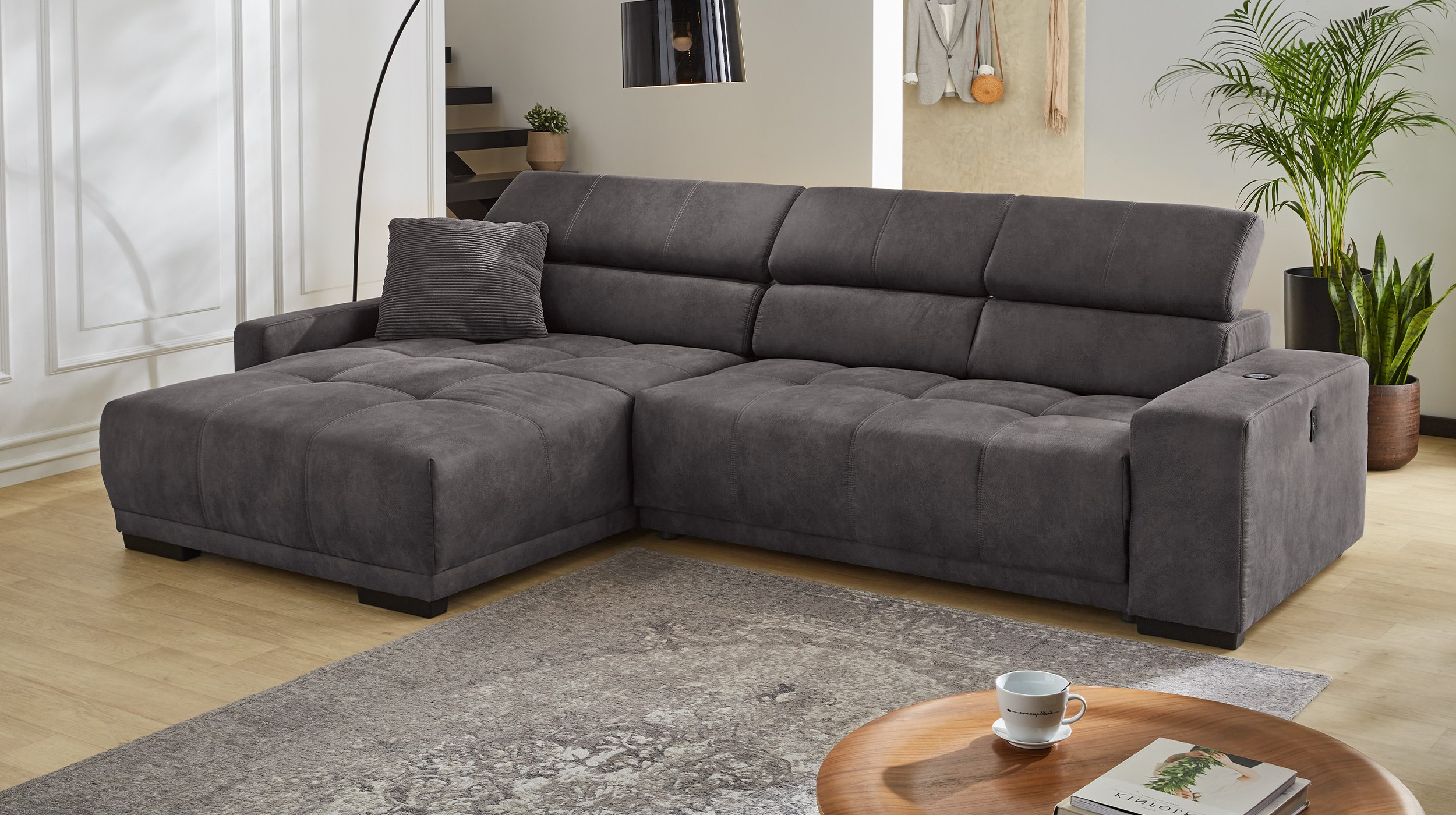 Ecksofa grau 315 cm mit Sitztiefenverstellung - LE MANS