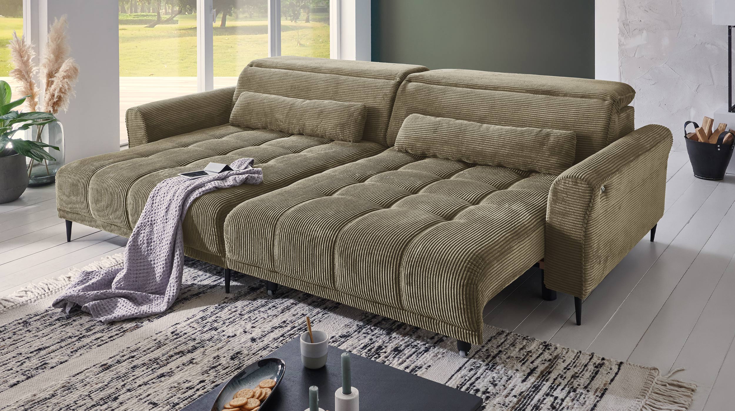 Ecksofa Cord grün ausziehbar - Sitztiefenverstellung - 277 cm - OT links - LOGAN