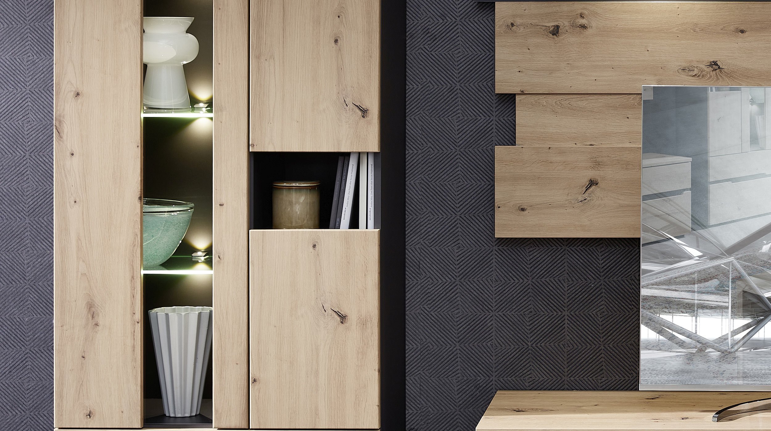 Wohnwand Artisan Eiche Graphit 287 cm mit Beleuchtung - MEMPHIS