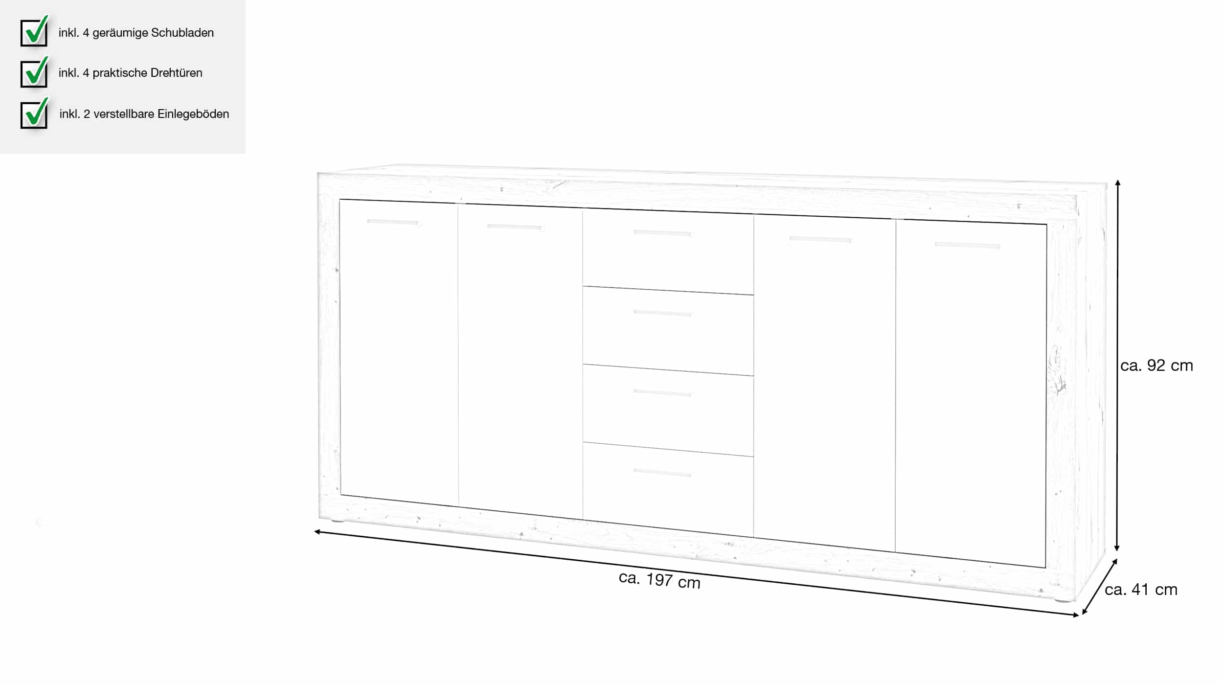 Sideboard weiß - Artisan Eiche 197 cm 4-türig - BACCIO