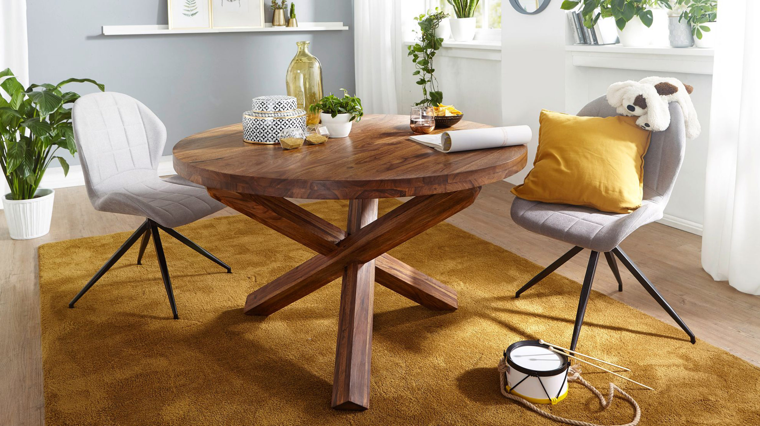 Esstisch 120 cm rund Sheesham massiv gebeizt - BARK 