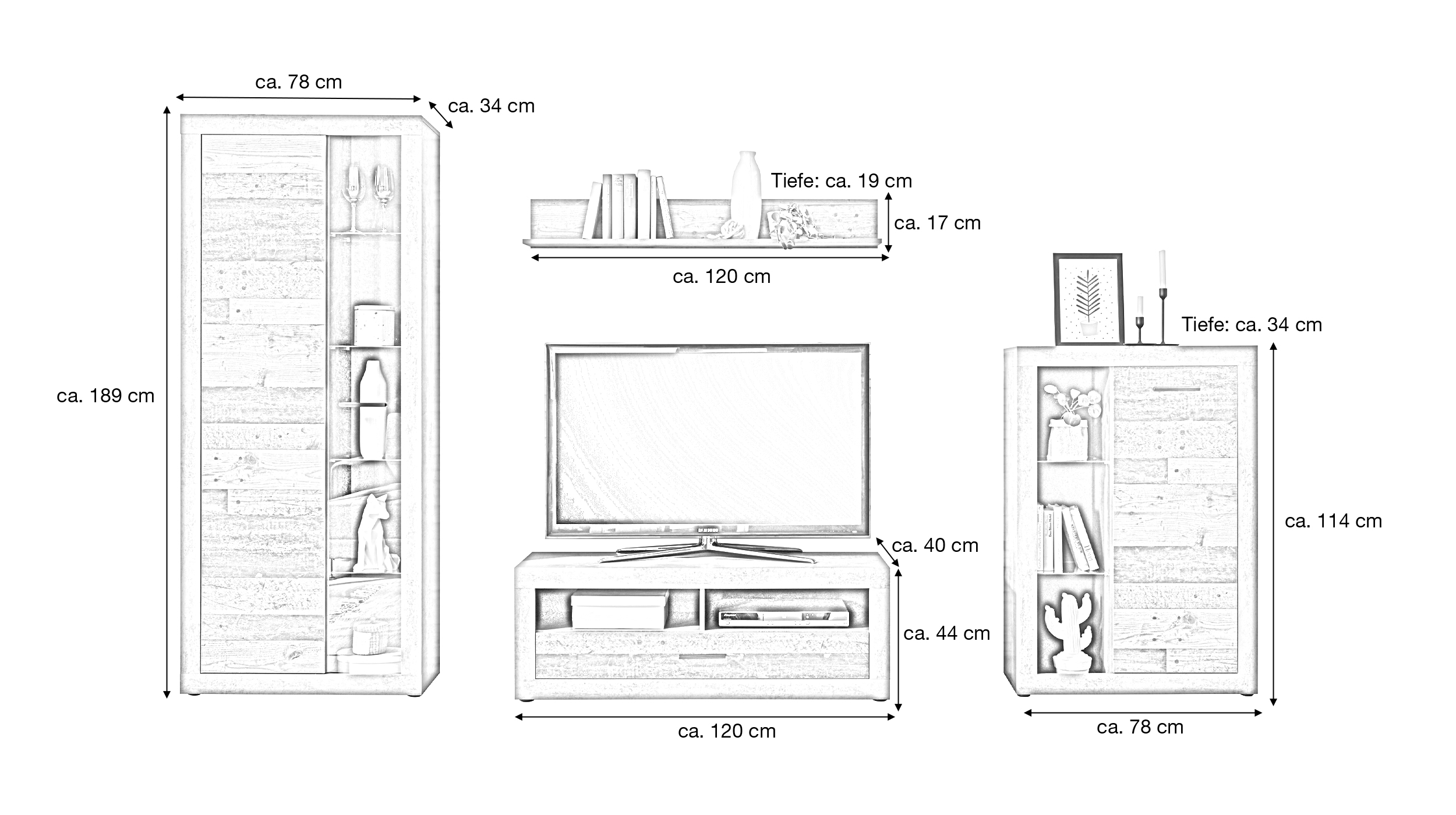 Wohnwand Old Wood - grau 305 cm Anbauwand - FULDA