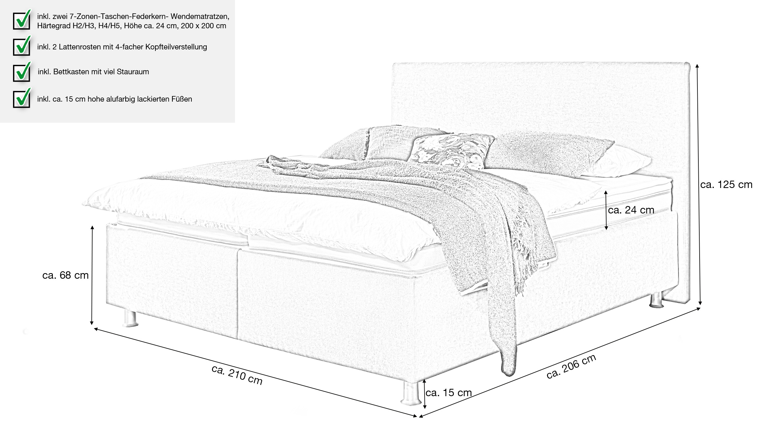 Polsterbett 200 x 200 cm mit Bettkasten grau Microfaser H2/H3 H3/H4 - AVOLA 