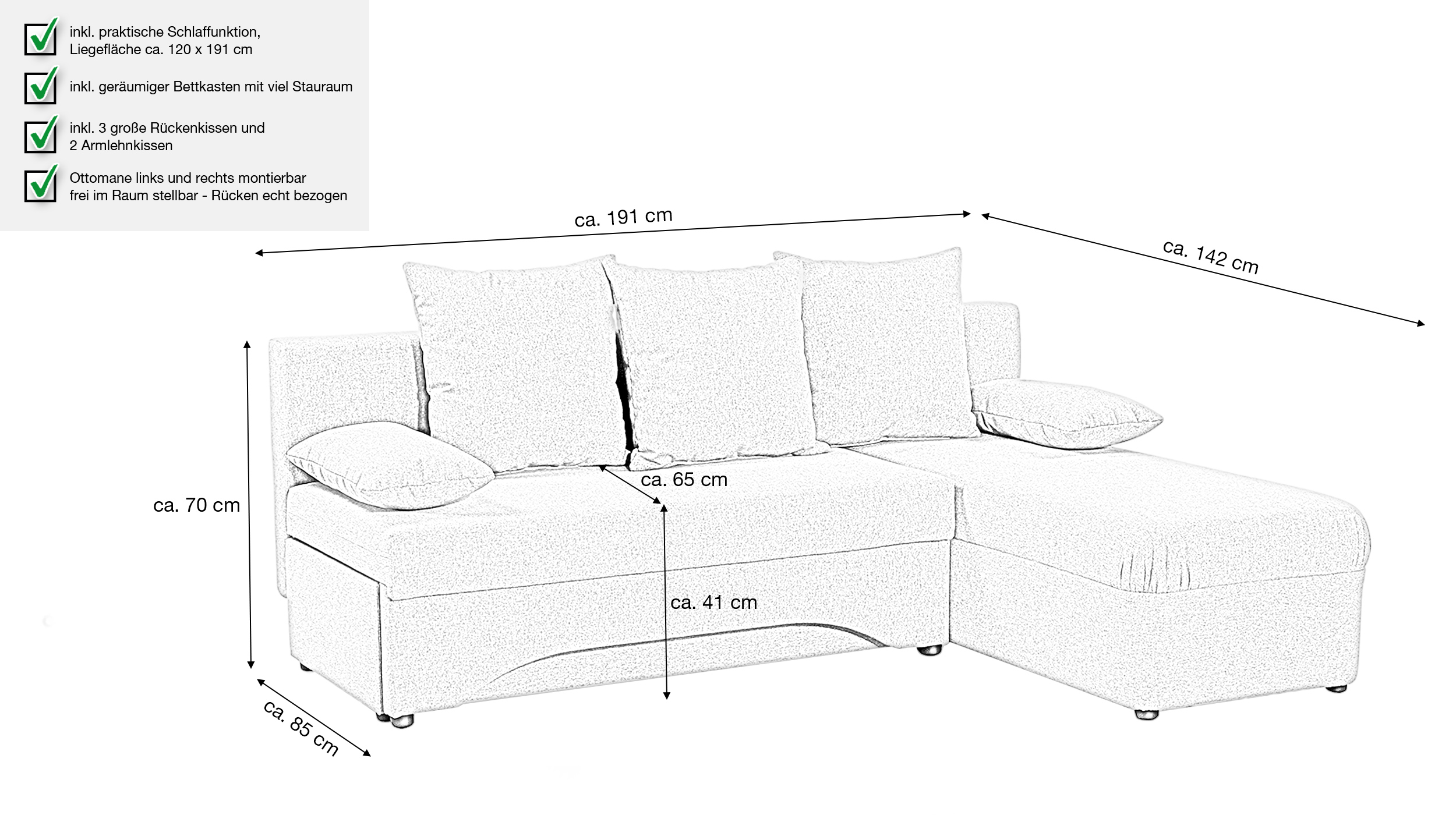 Ecksofa mit Schlaffunktion grau - mit Bettkasten 190 cm - PETRA