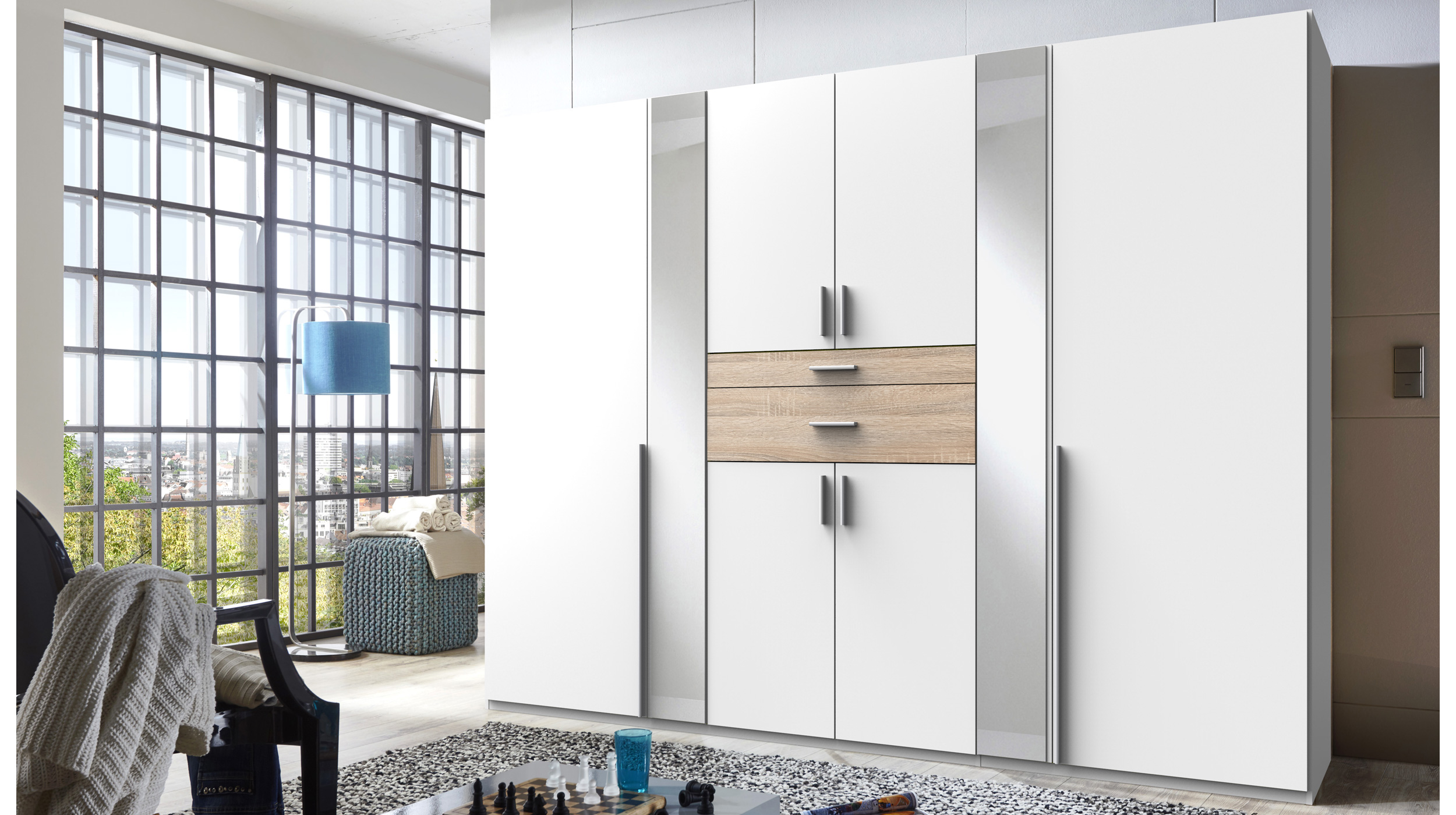 Kleiderschrank mit Spiegel - weiß - Sägerau Eiche - 270 cm - CHEEP