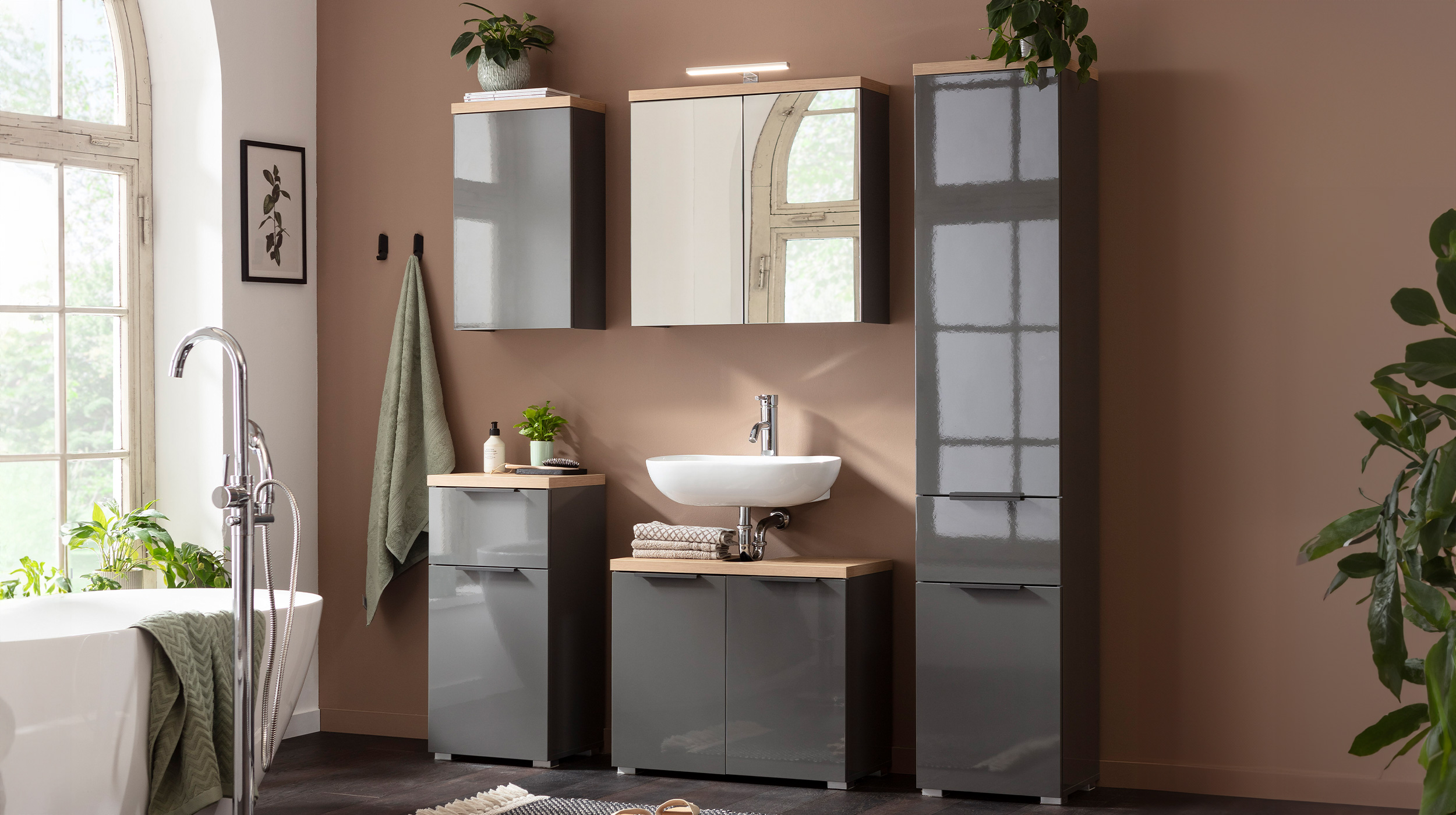 Bad Hängeschrank grau hochglanz - Eiche 40 cm - MUNDI