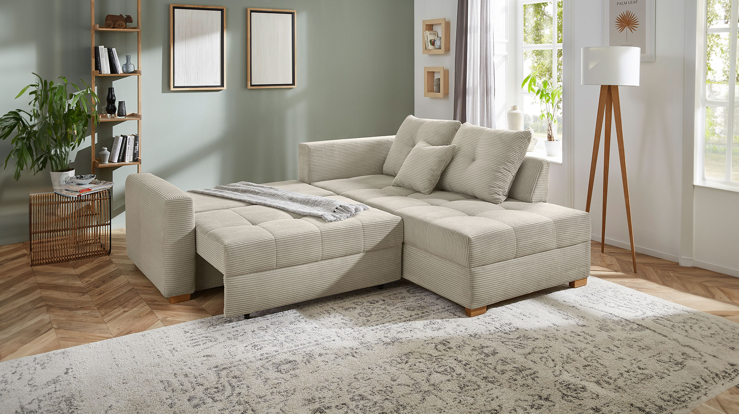 Ecksofa Cord grau - Schlaffunktion Bettkasten 228 cm - HEIDELBERG