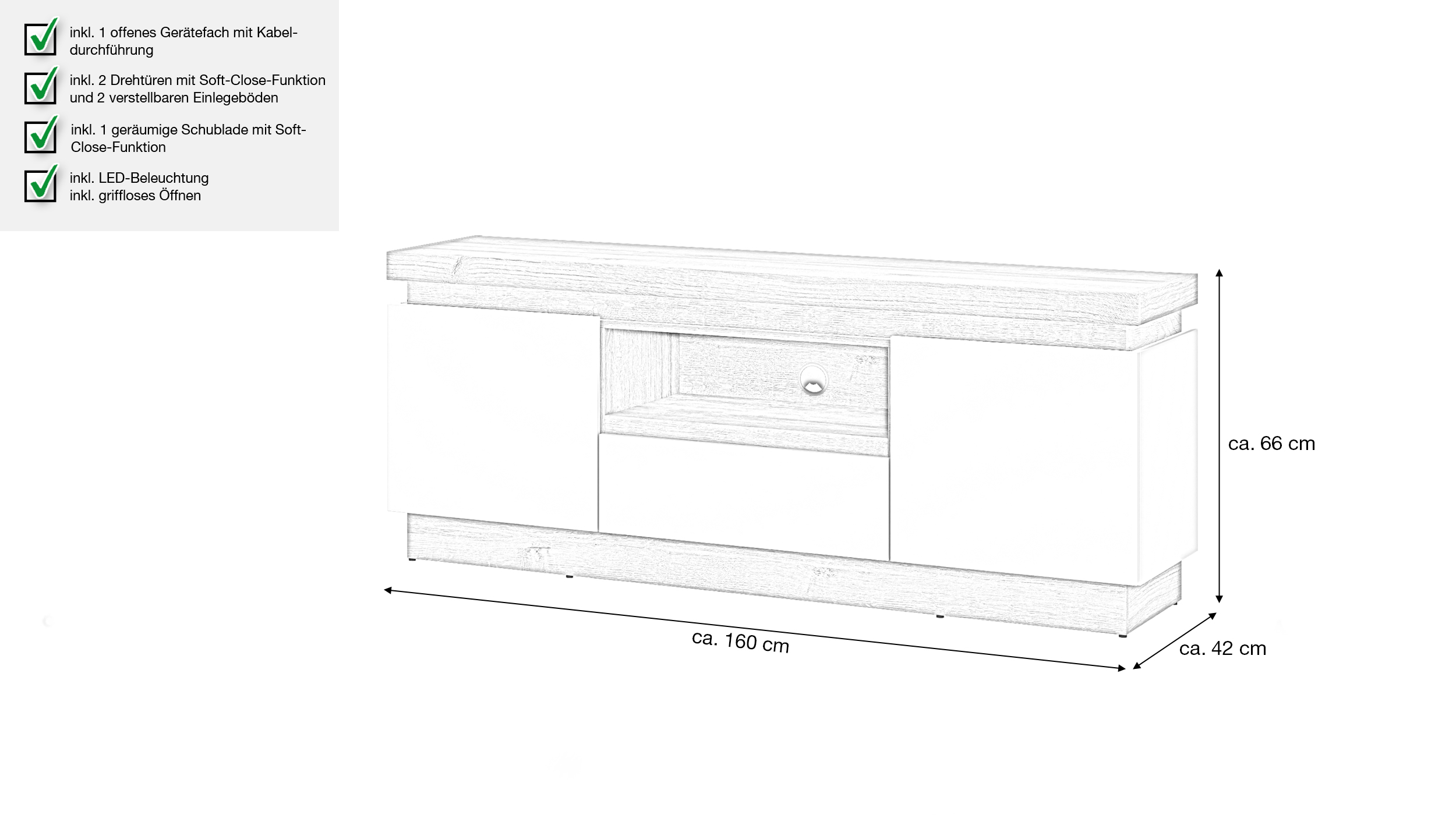 TV - Lowboard mit Beleuchtung weiß Hochglanz - Eiche 160 cm - LYON