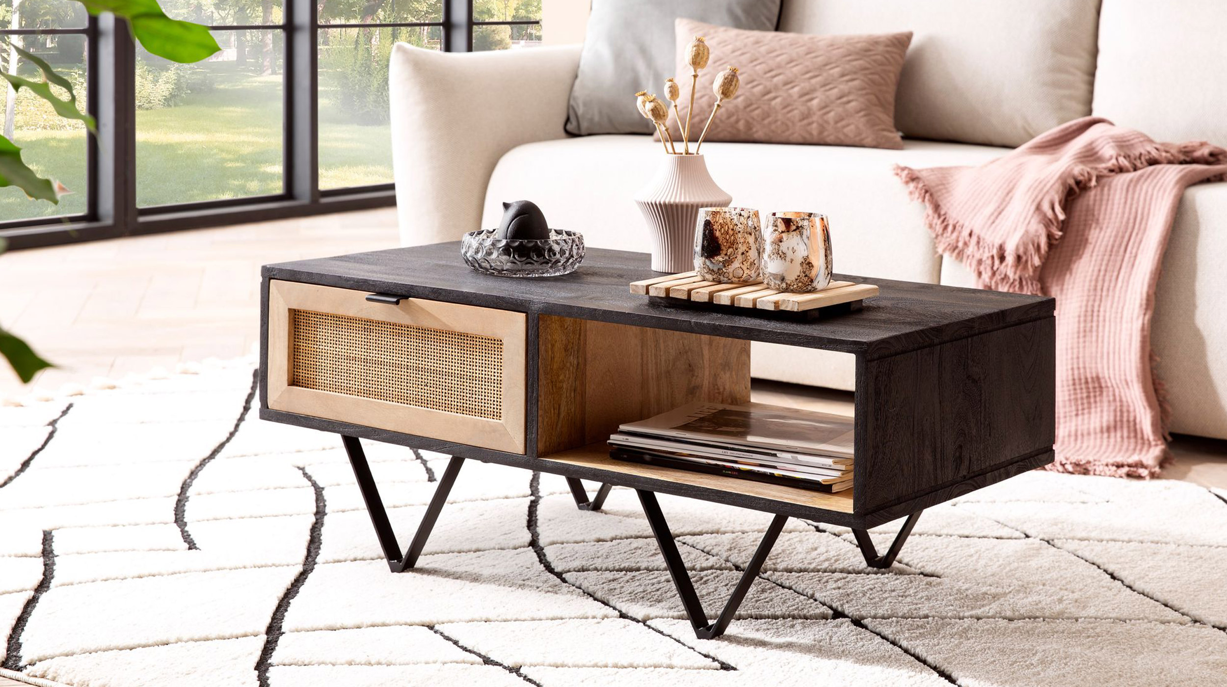 Couchtisch mit Schublade Mango massiv gebeizt 90 x 45 cm - MAGNOR 