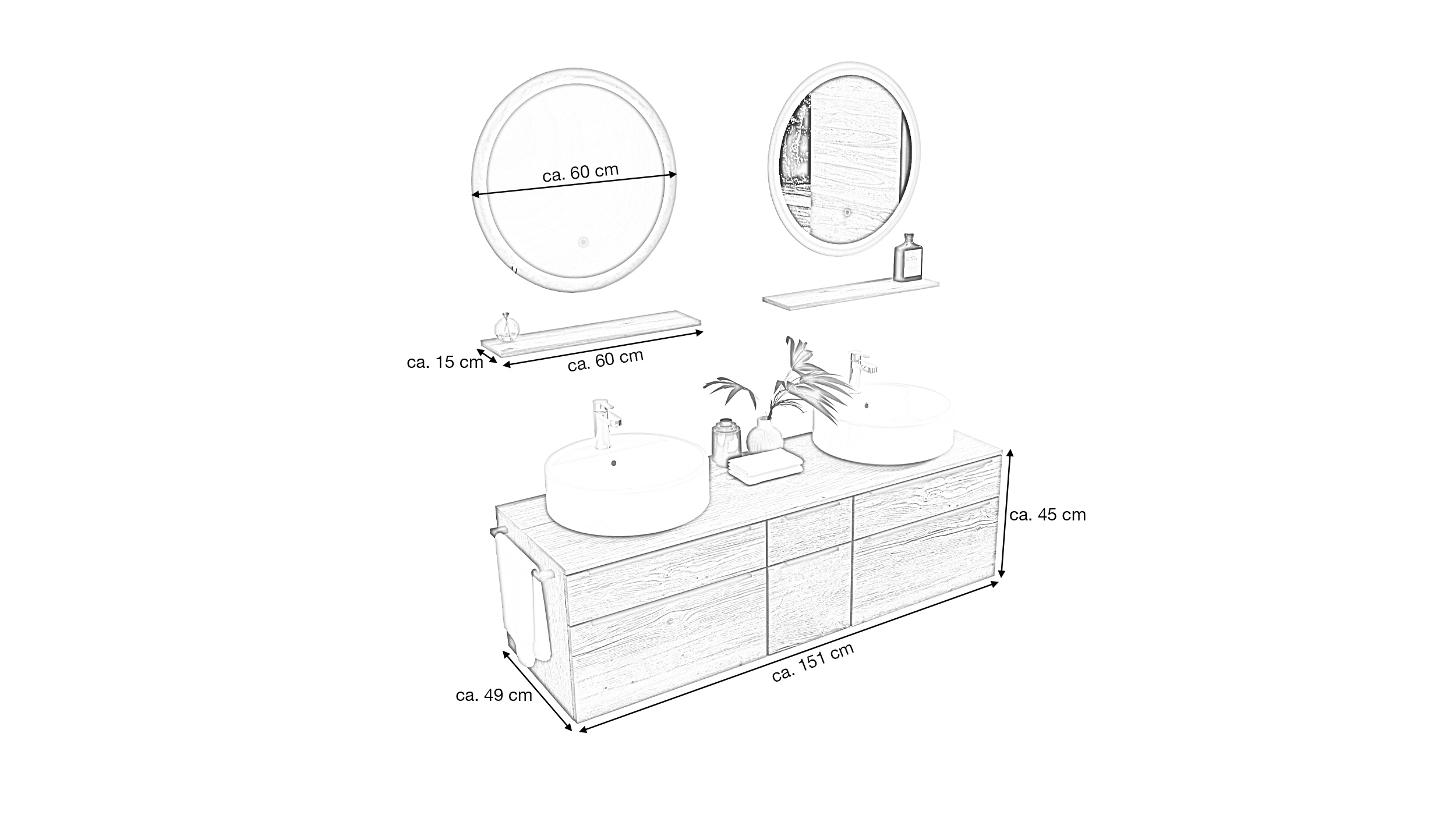 Badmöbel-Set Eiche - 7 Teile - Doppelwaschtisch 151 cm - SKYE