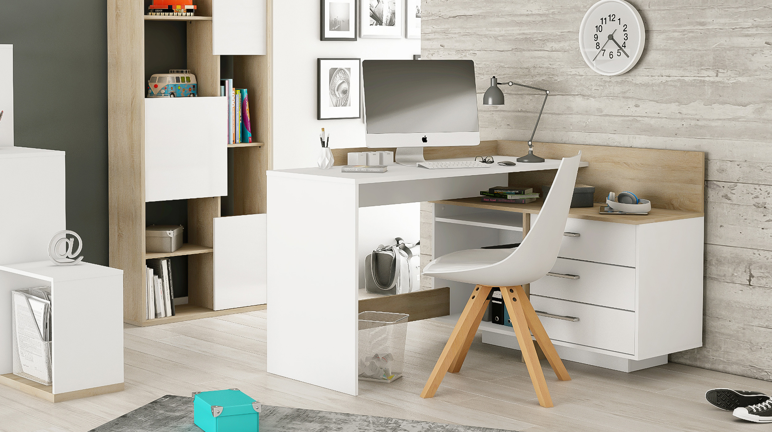 Eck-Schreibtisch Sonoma Eiche weiß 129 x 106 cm - THALES 