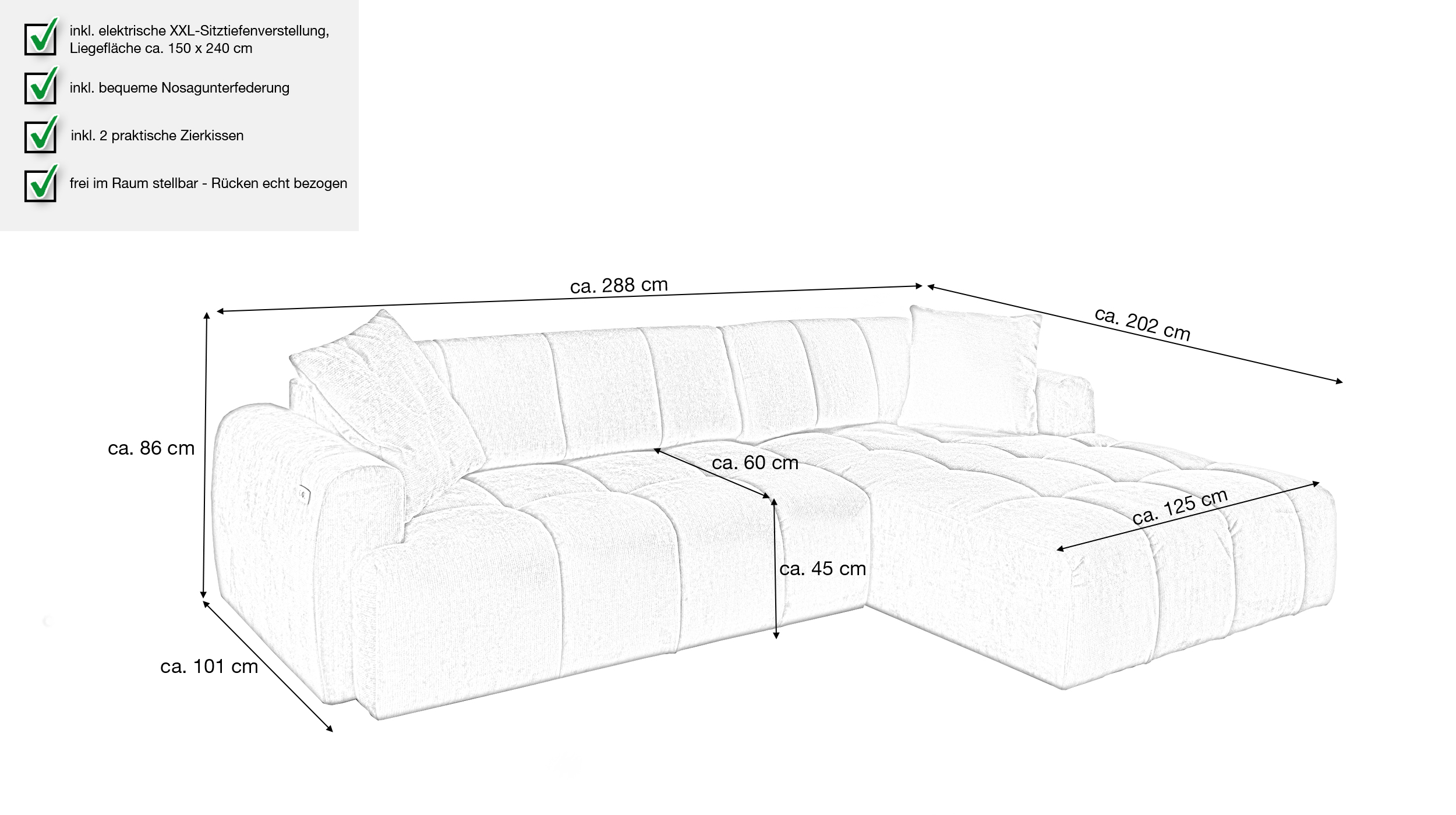 Ecksofa grau ausziehbar - Sitztiefenverstellung 288 cm - BINGO