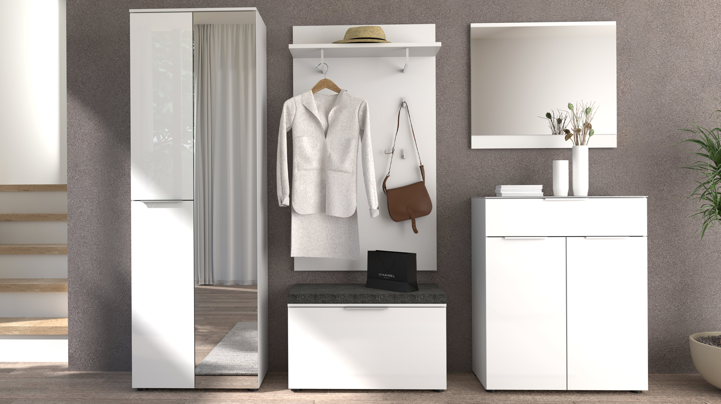 Garderobenschrank Spiegel weiß Glasfront 65 cm - SANTORIN