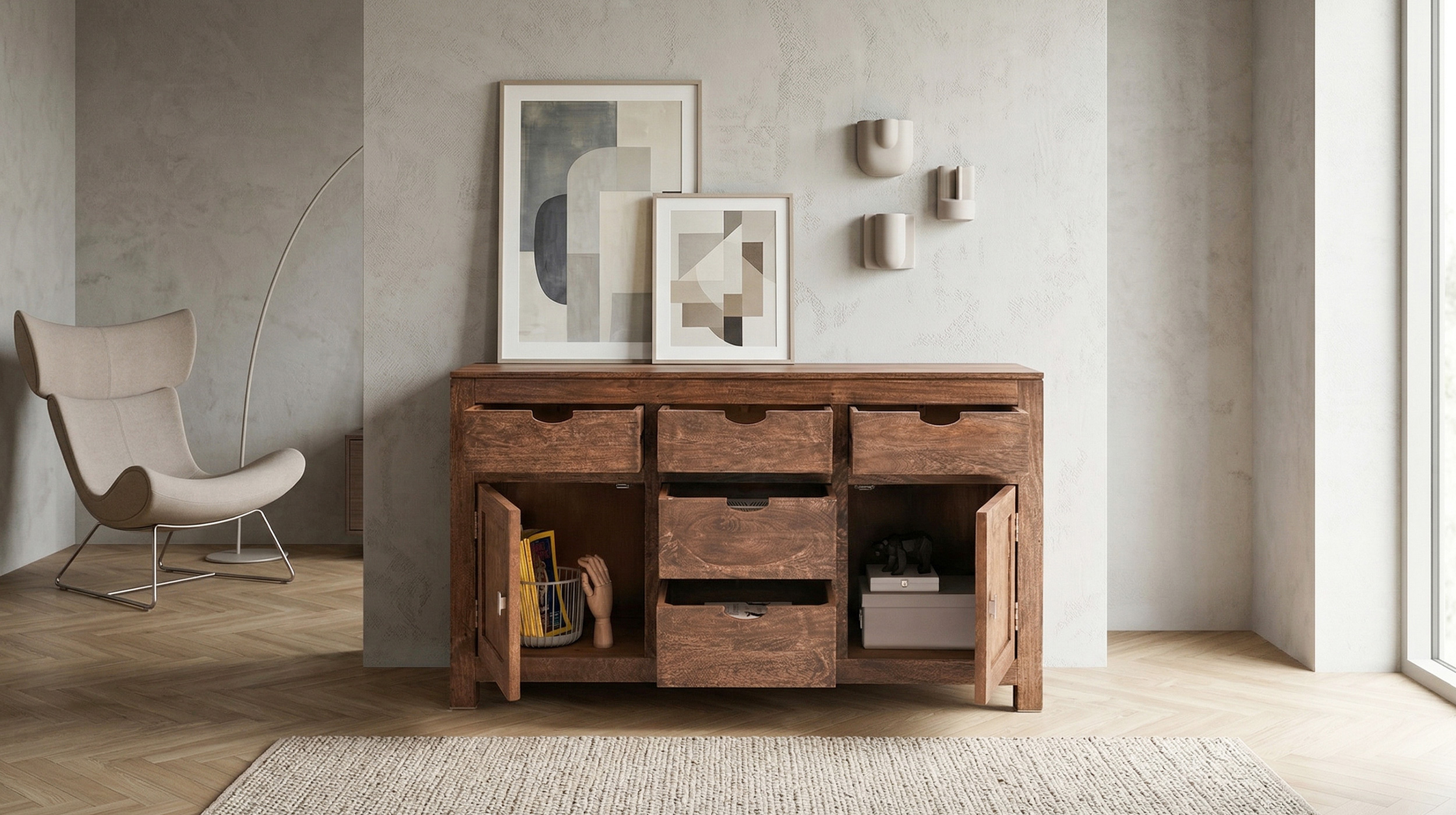 Sideboard 140 cm Mango massiv gebeizt montiert - MANGALA
