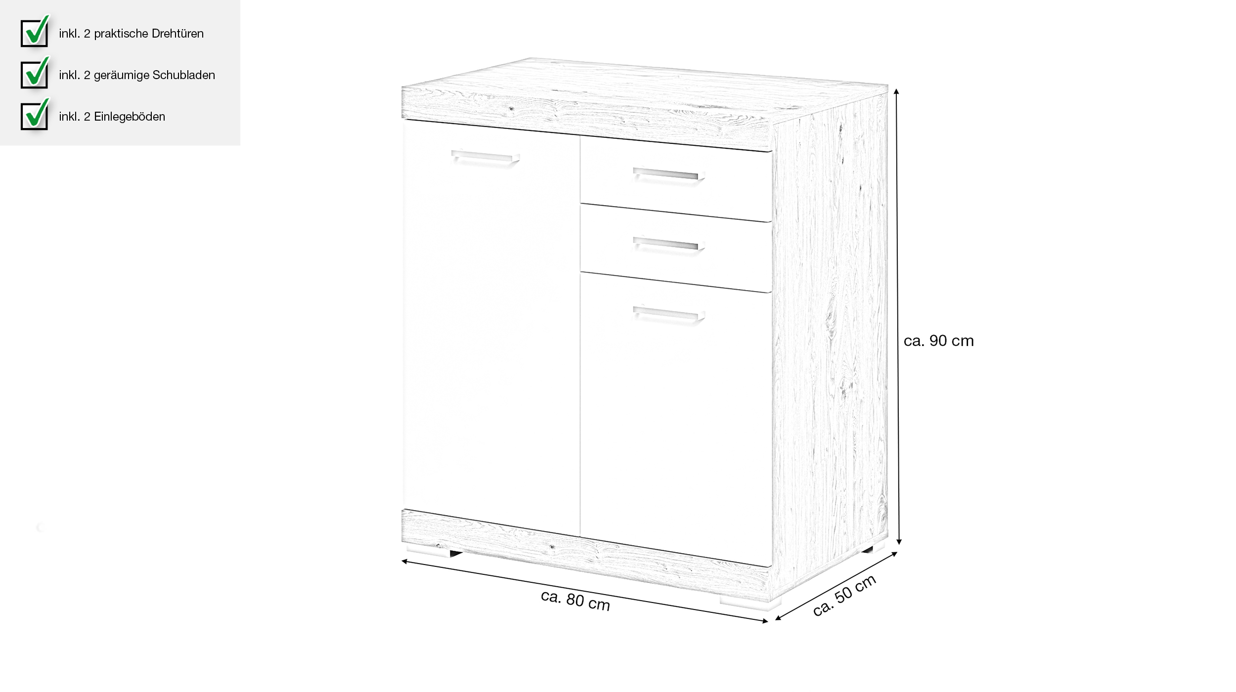 Kommode weiß Artisan Eiche 80 x 50 cm - 2 Schubladen - BRISTOL