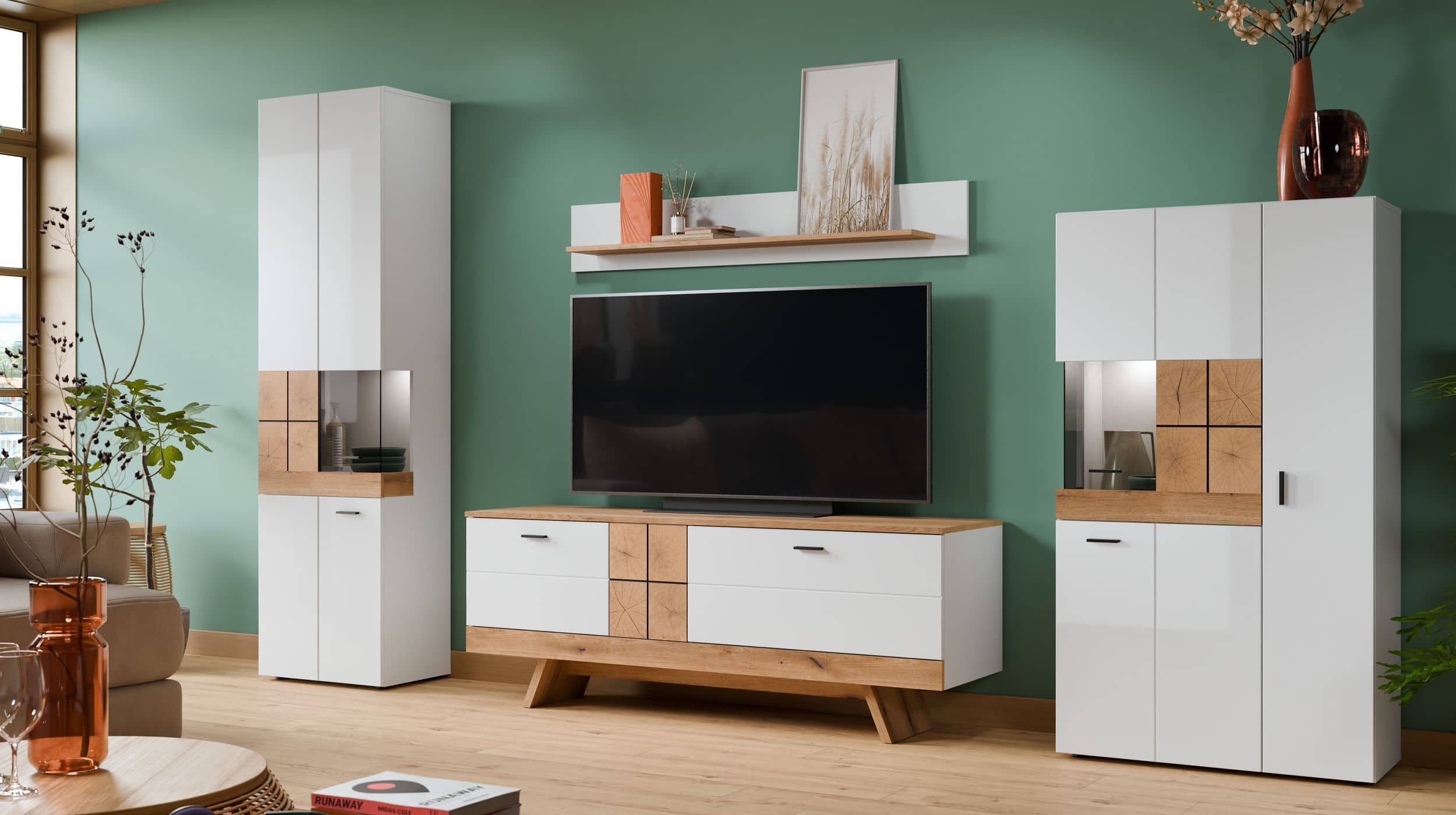 Highboard mit Glastür weiß Hochglanz - Eiche 82 cm - ORETA