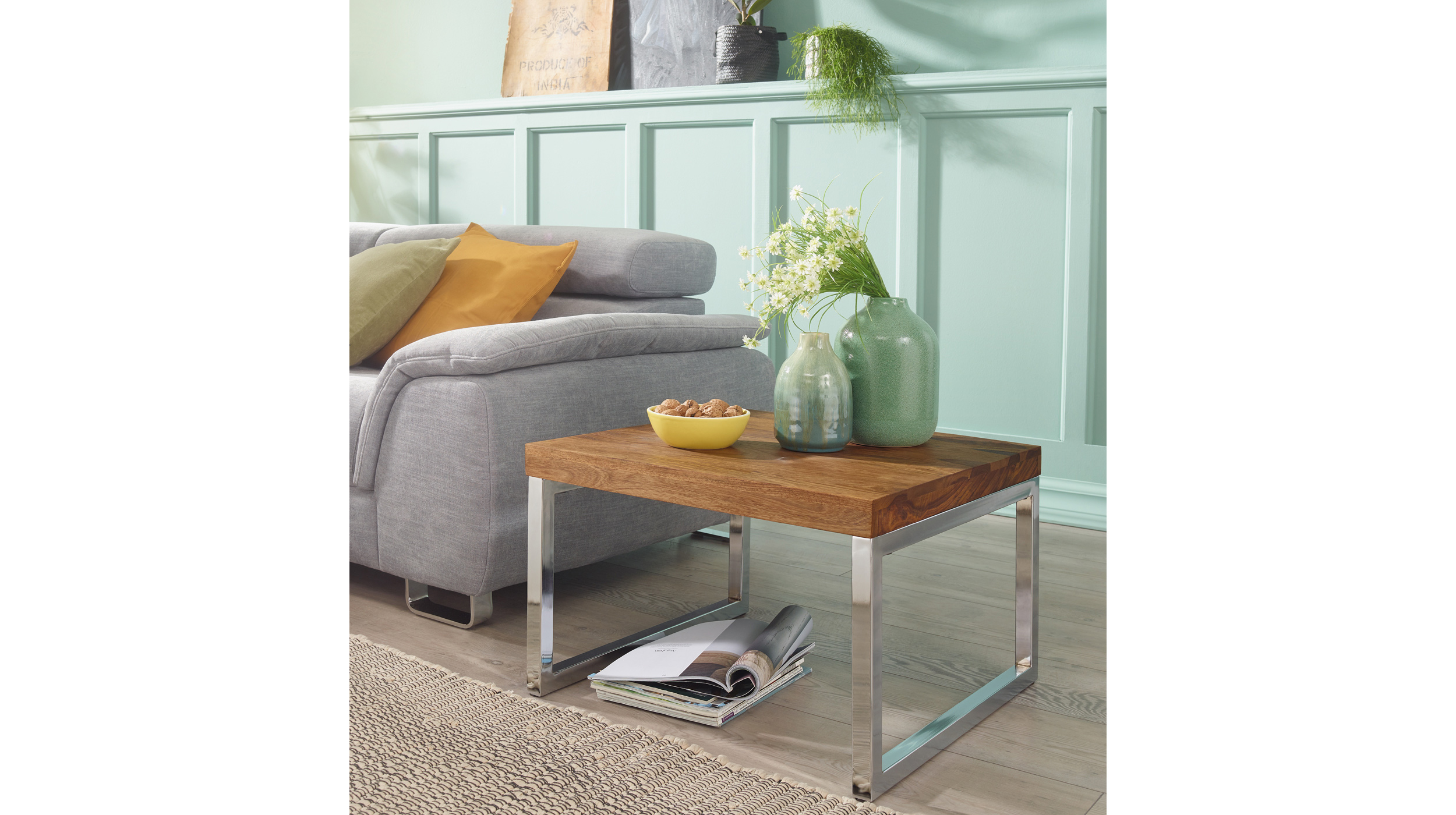Beistelltisch Sheesham massiv gebeizt 45 x 45 cm Metallgestell - GRETE