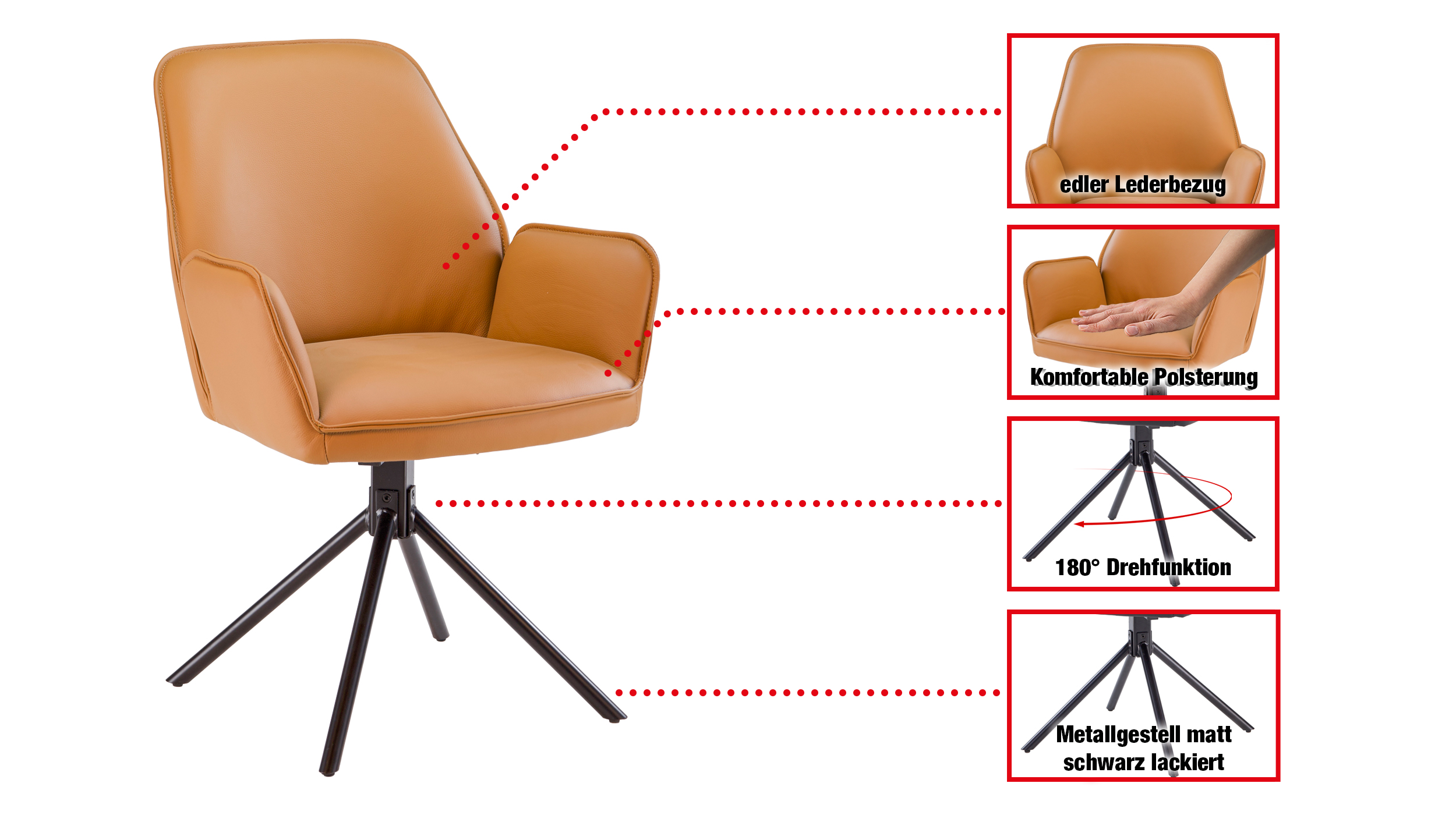 Armlehnstuhl Echtleder Cognac - drehbar - COVELO 