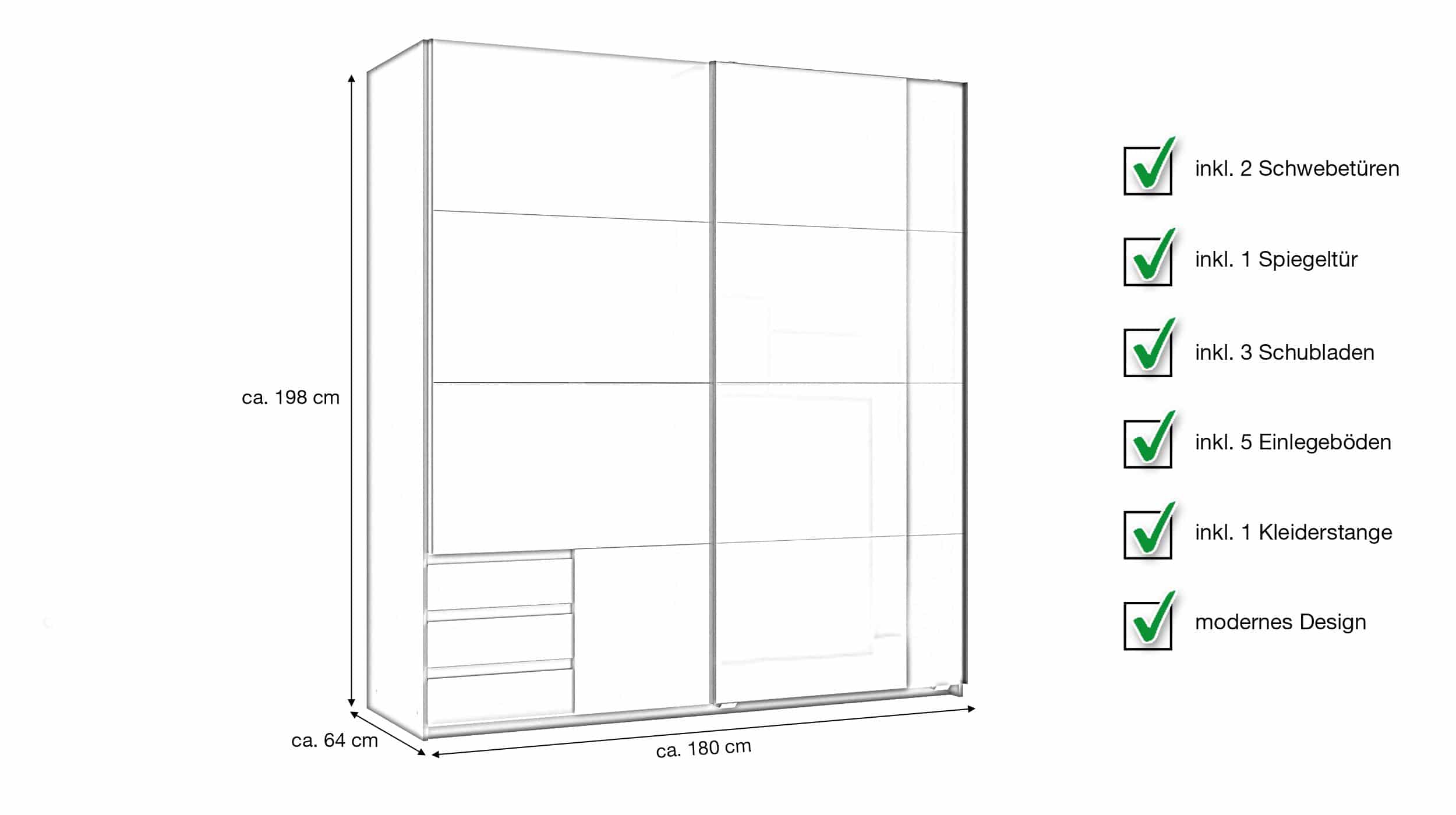 Schwebetürenschrank mit Spiegel grau - graphit 180 cm - EMDEN