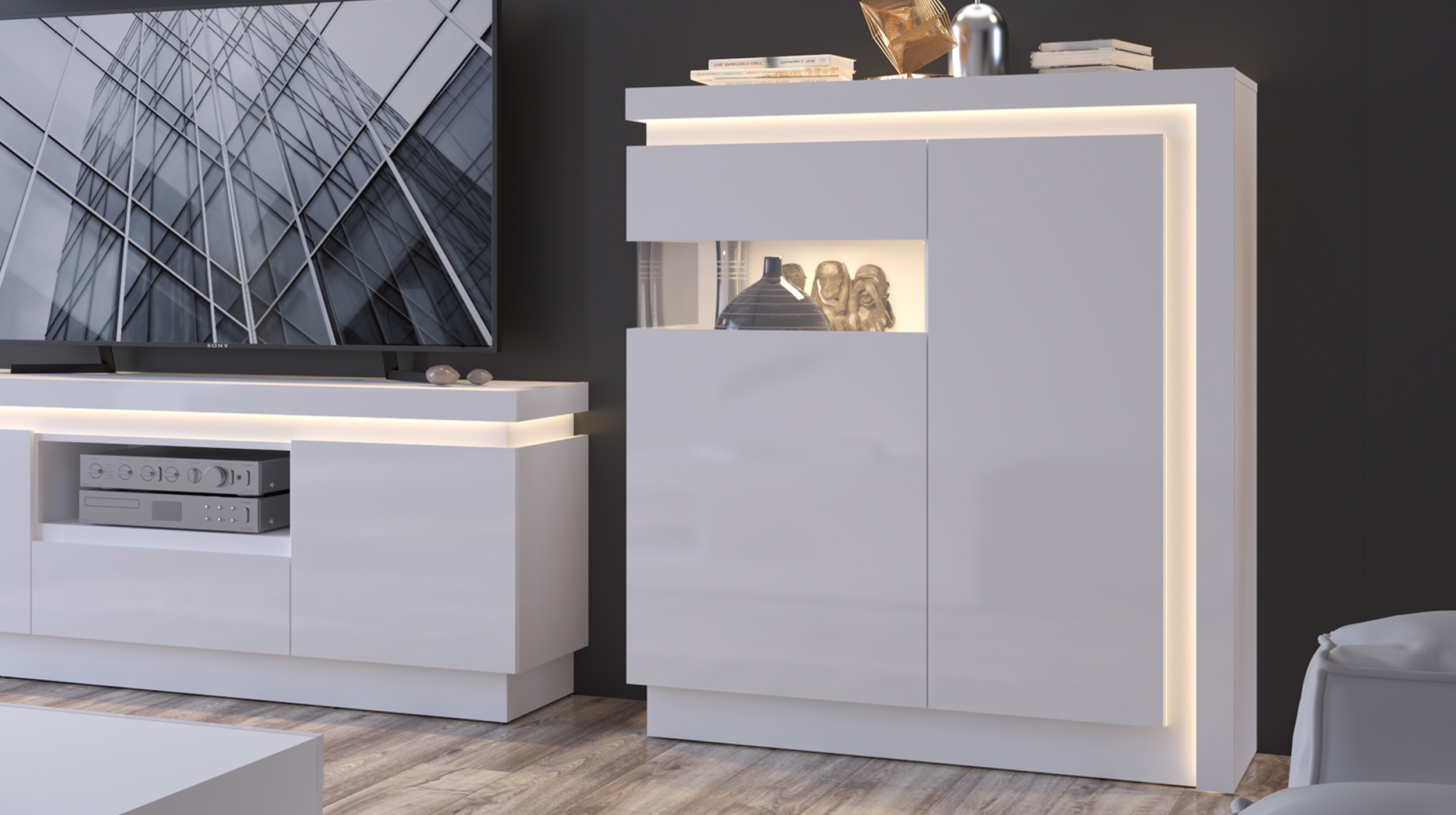 Highboard mit Beleuchtung weiß Hochglanz 108 cm - LYON