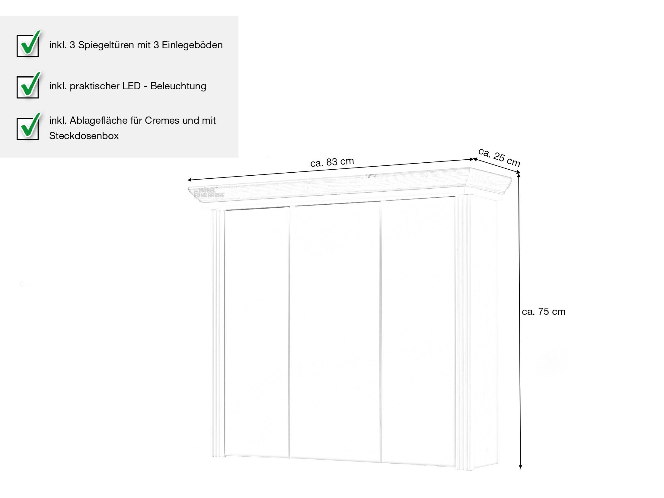 Spiegelschrank mit Beleuchtung Pinie weiß 83 cm - JASMIN