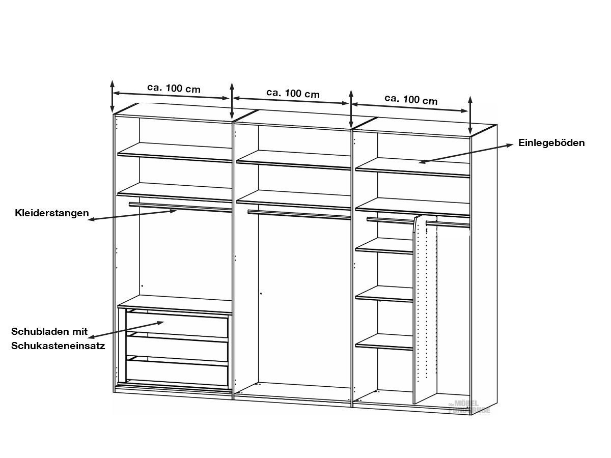 Kleiderschrank weiß - Innenspiegel - 301 cm - rauch - MONTCLAR