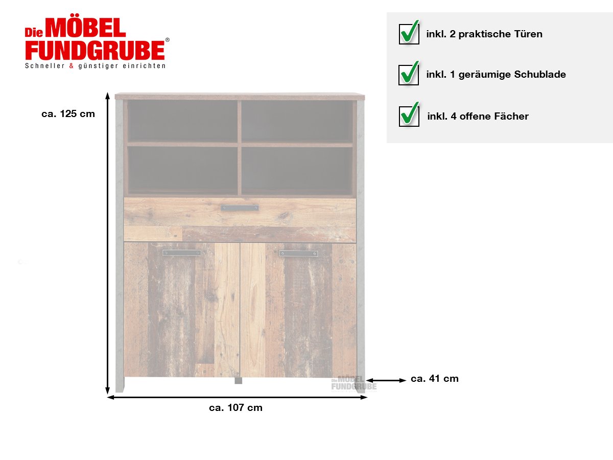 Highboard mit 1 Schublade Old Wood Vintage - Beton - grau 107 cm - CLIF
