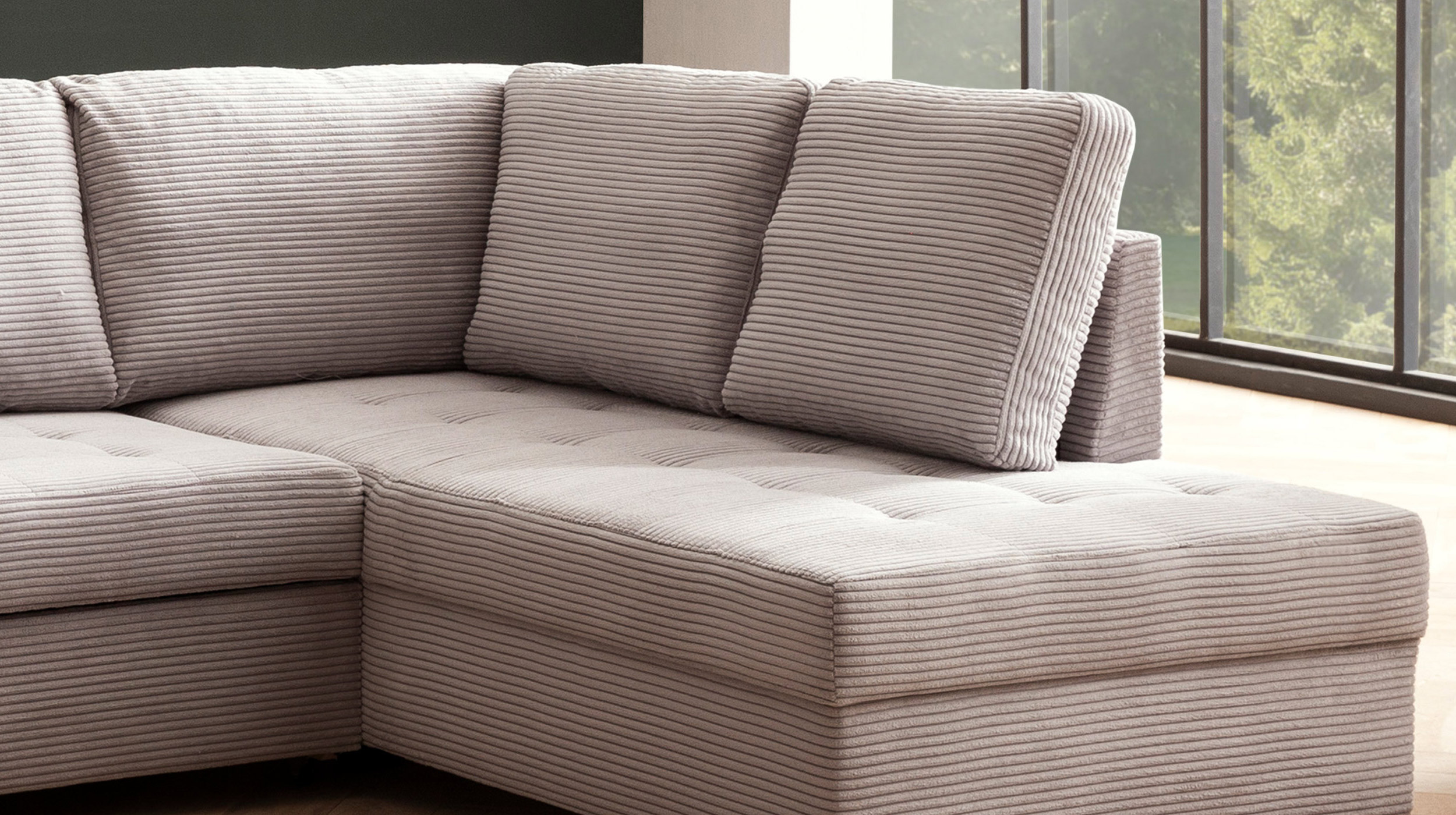 Wohnlandschaft Cord Schlaffunktion grau Bettkasten 305 cm - MALTE