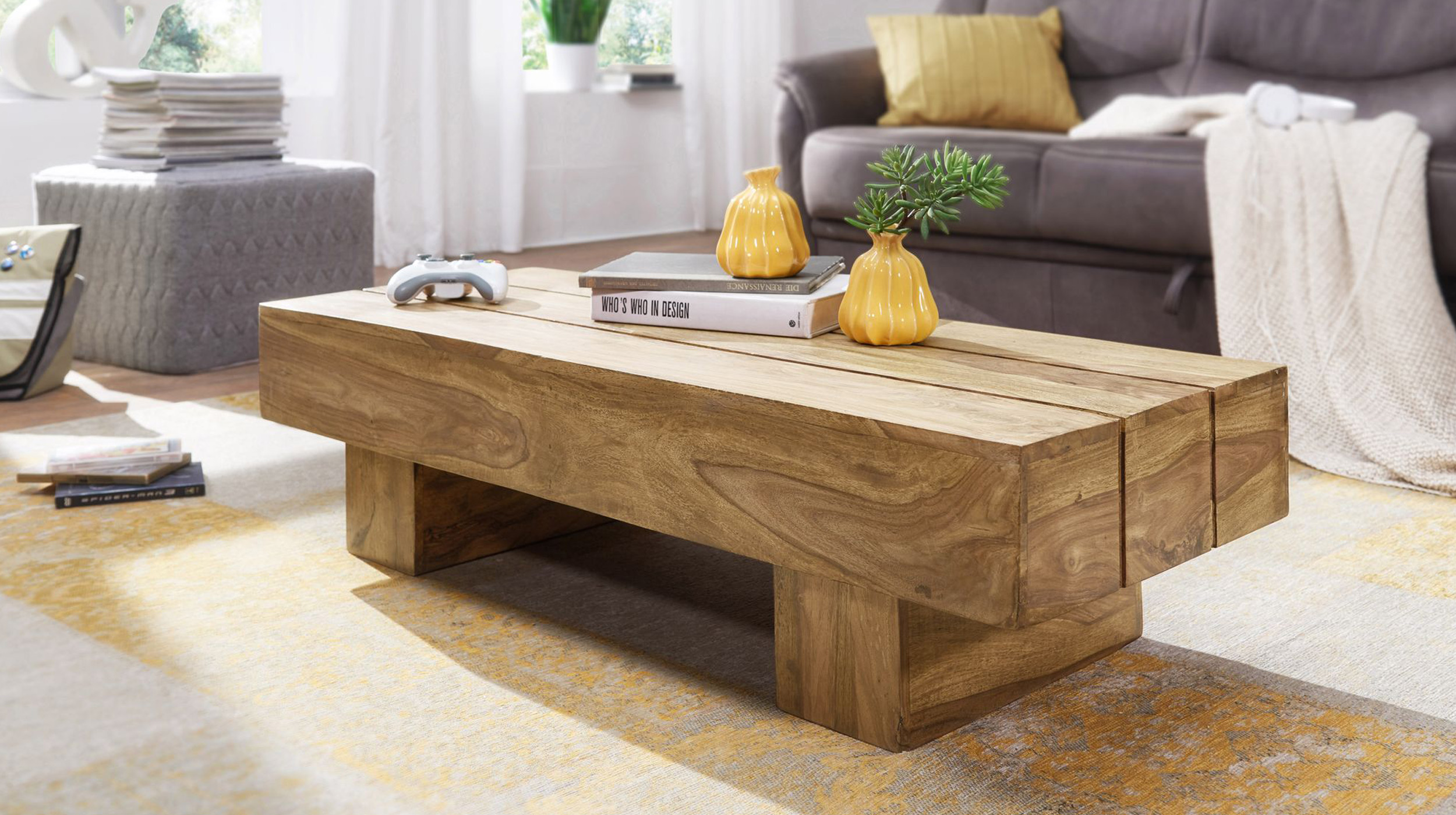 Couchtisch Akazie lackiert massiv 120 x 30 cm - CUBESO
