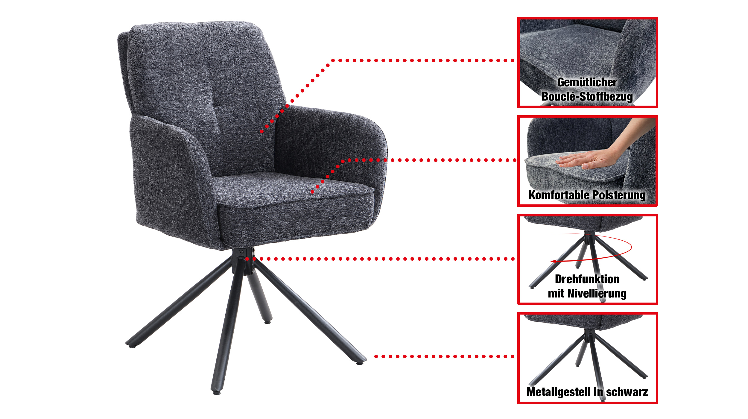 Armlehnstuhl anthrazit Drehstuhl Taschenfederkern - JÖRDIS