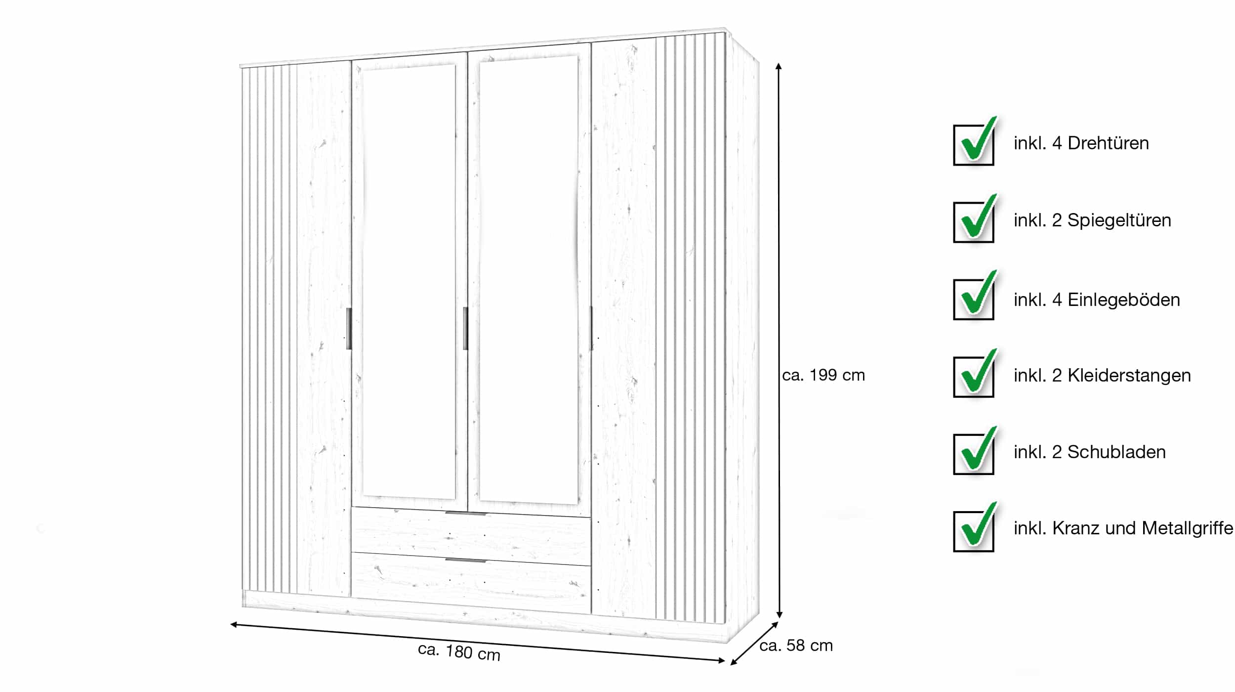 Kleiderschrank Artisan Eiche 180 cm 4-türig - Spiegel - OSLO