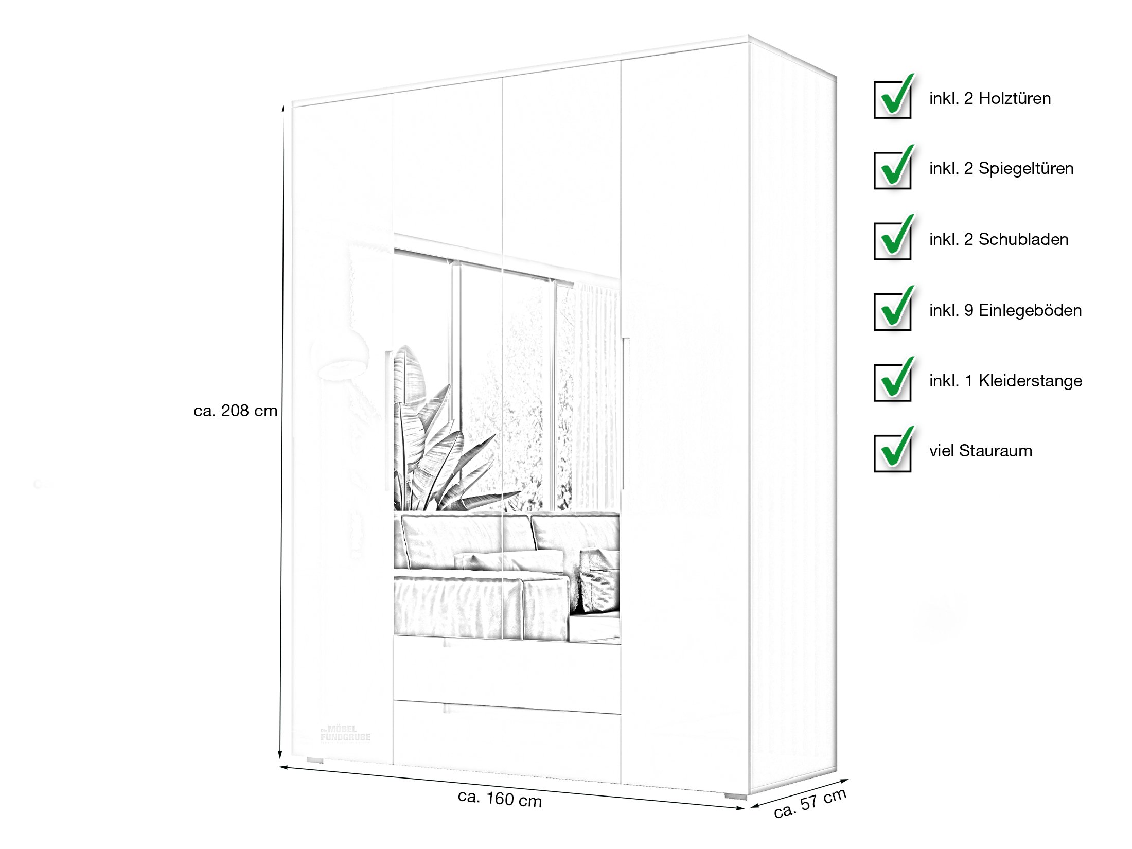 Kleiderschrank mit Spiegel - weiß hochglanz - 160 cm - SPICE
