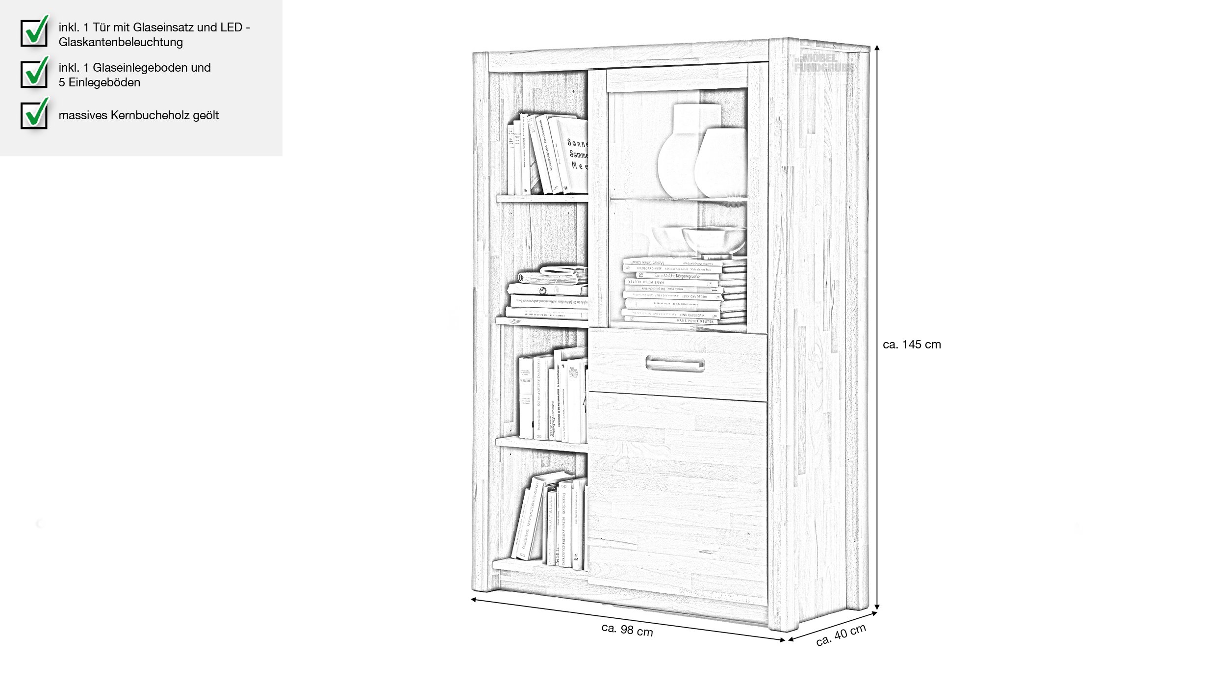 Highboard mit 1 Glastür Kernbuche massiv geölt 98 cm - FENJA