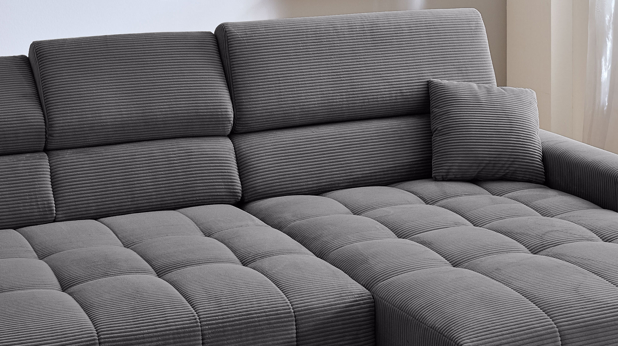 Ecksofa Cord grau ausziehbar - Sitztiefenverstellung 256 cm - OT rechts - SIMPLE Ecksofa Cord grau ausziehbar - Sitztiefenverstellung 256 cm - OT rechts - SIMPLE