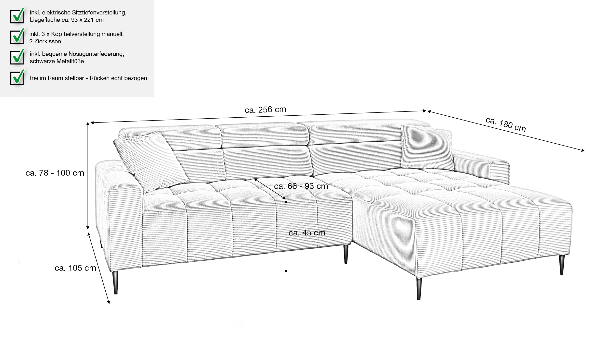 Ecksofa Cord grau ausziehbar - Sitztiefenverstellung 256 cm - OT rechts - SIMPLE Ecksofa Cord grau ausziehbar - Sitztiefenverstellung 256 cm - OT rechts - SIMPLE