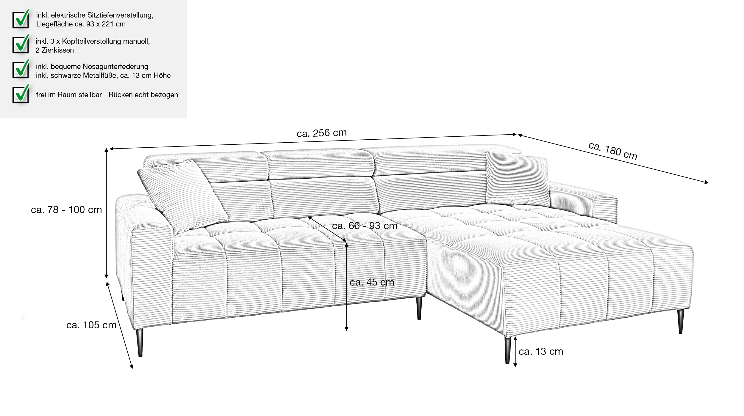 Ecksofa Cord grau elektrisch ausfahrbar 256 cm - OT rechts - SIMPLE