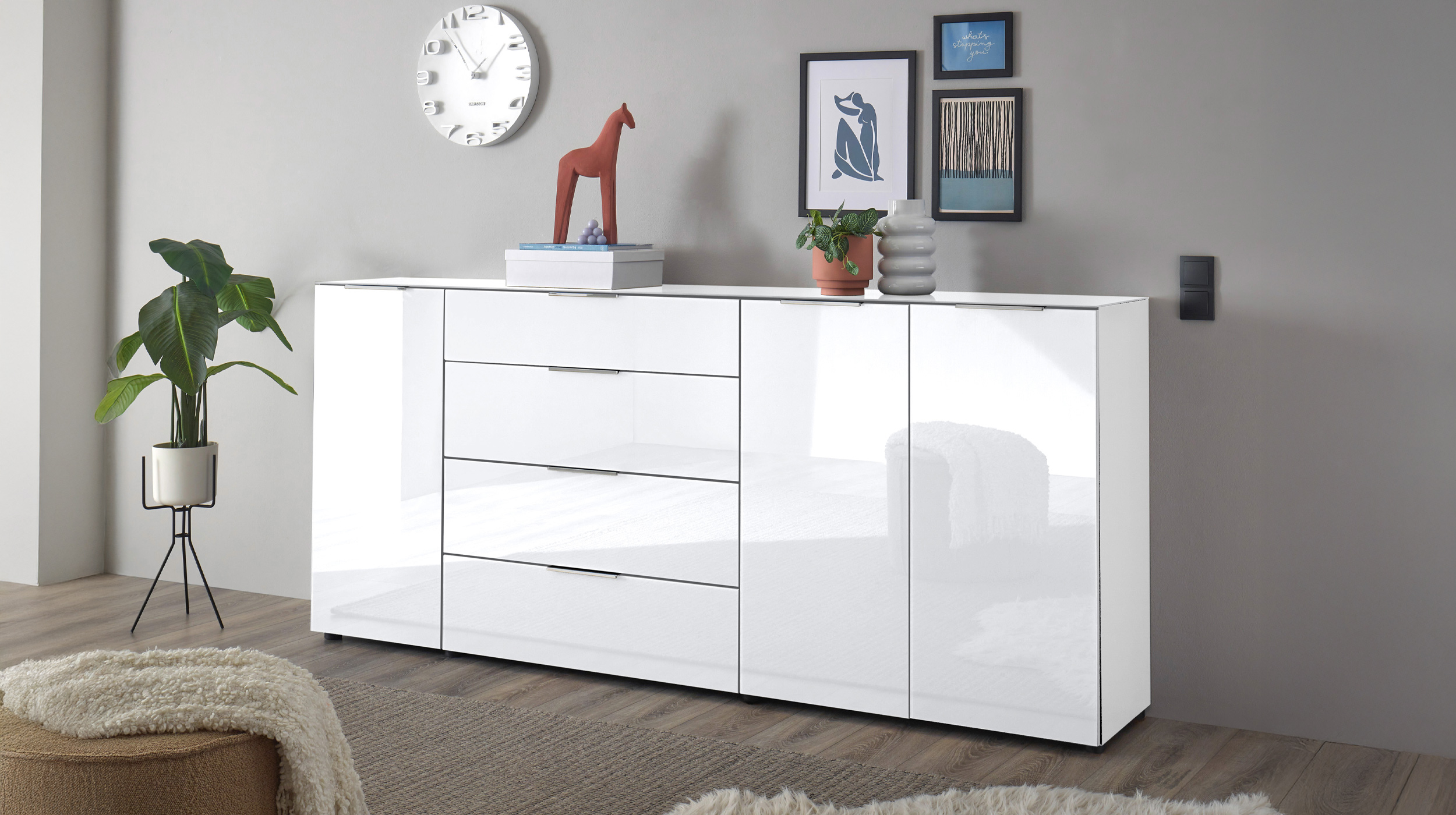 Sideboard 4 Schubladen - weiß - Glasfront - 226 cm - SANTORIN