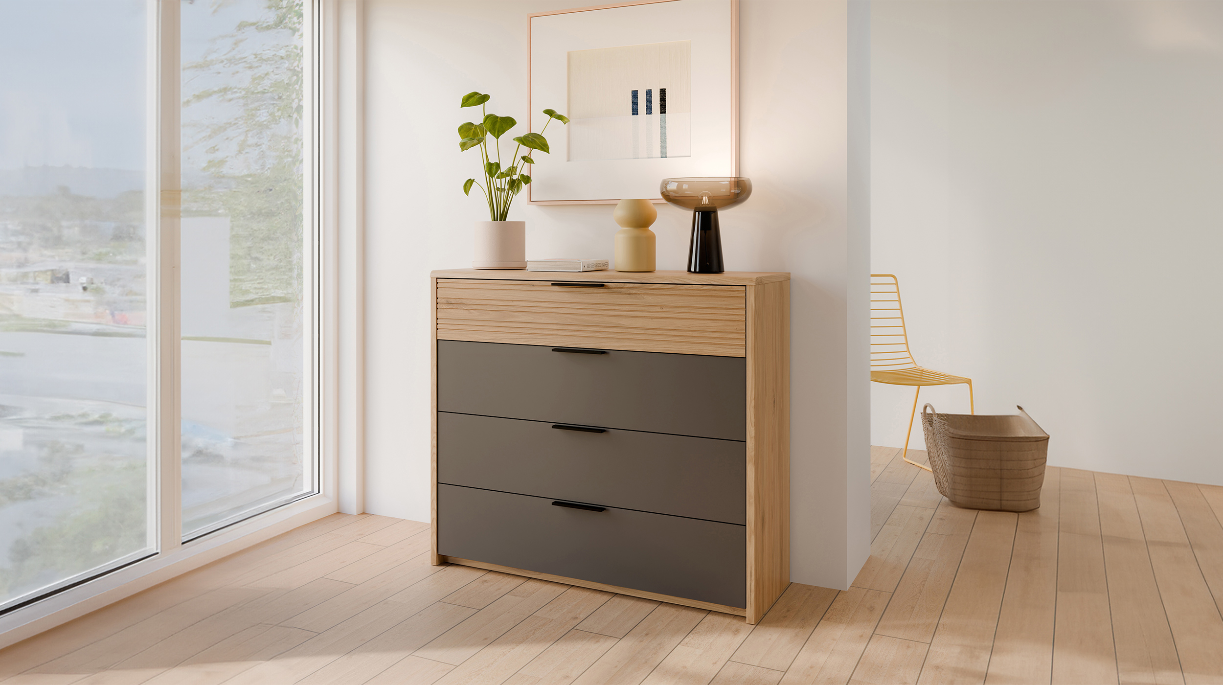 Kommode grau Wildeiche - 4 Schubladen - 100 cm - VALPECULA 
