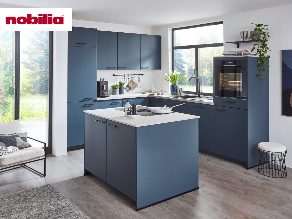 Inselküche 248,5 x 291,6 + 125,55 cm - mit Geräten - Küchenfronten Lack matt - EASYTOUCH