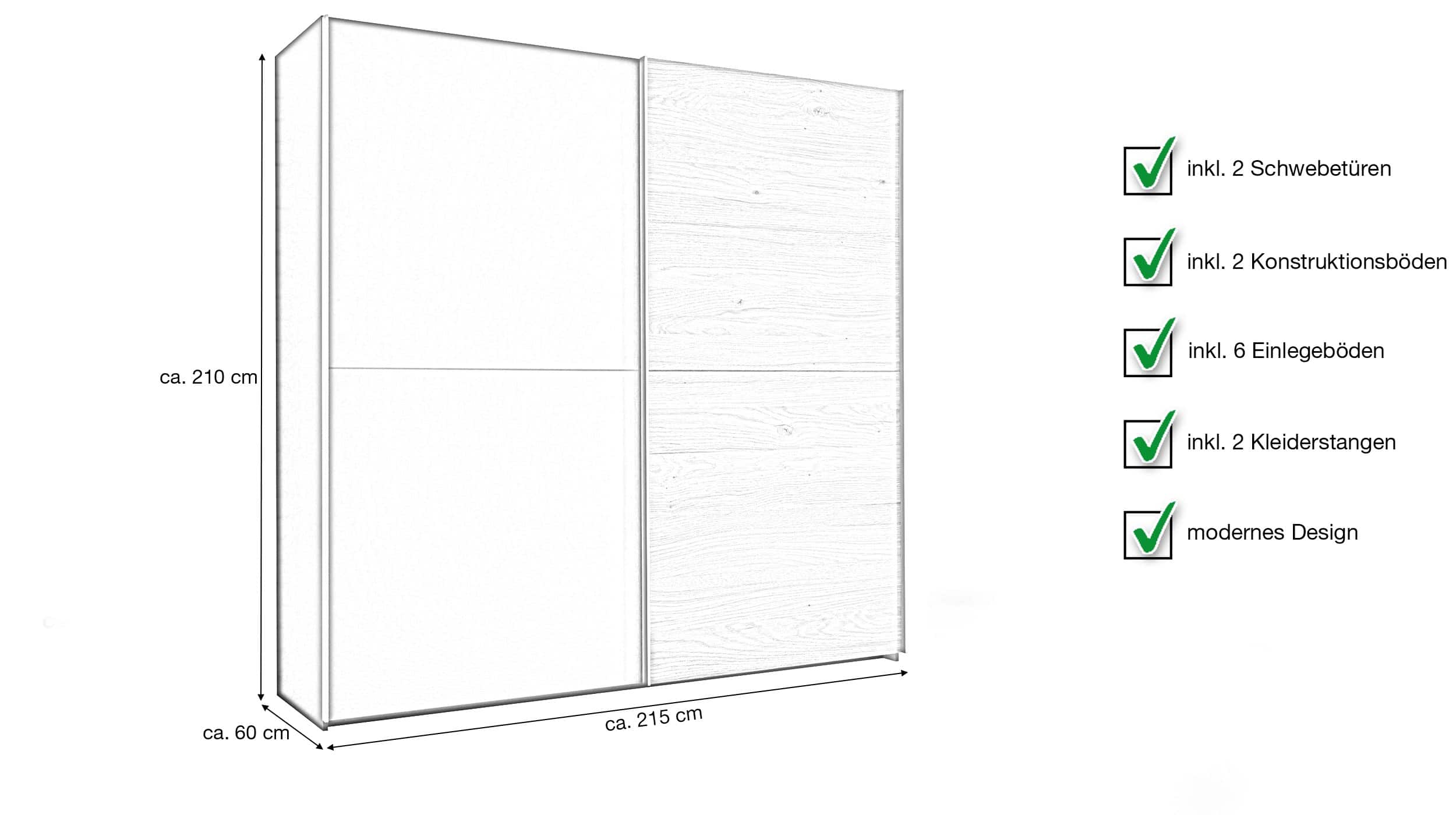 Schwebetürenschrank Eiche graphit - 215 cm - MELTON