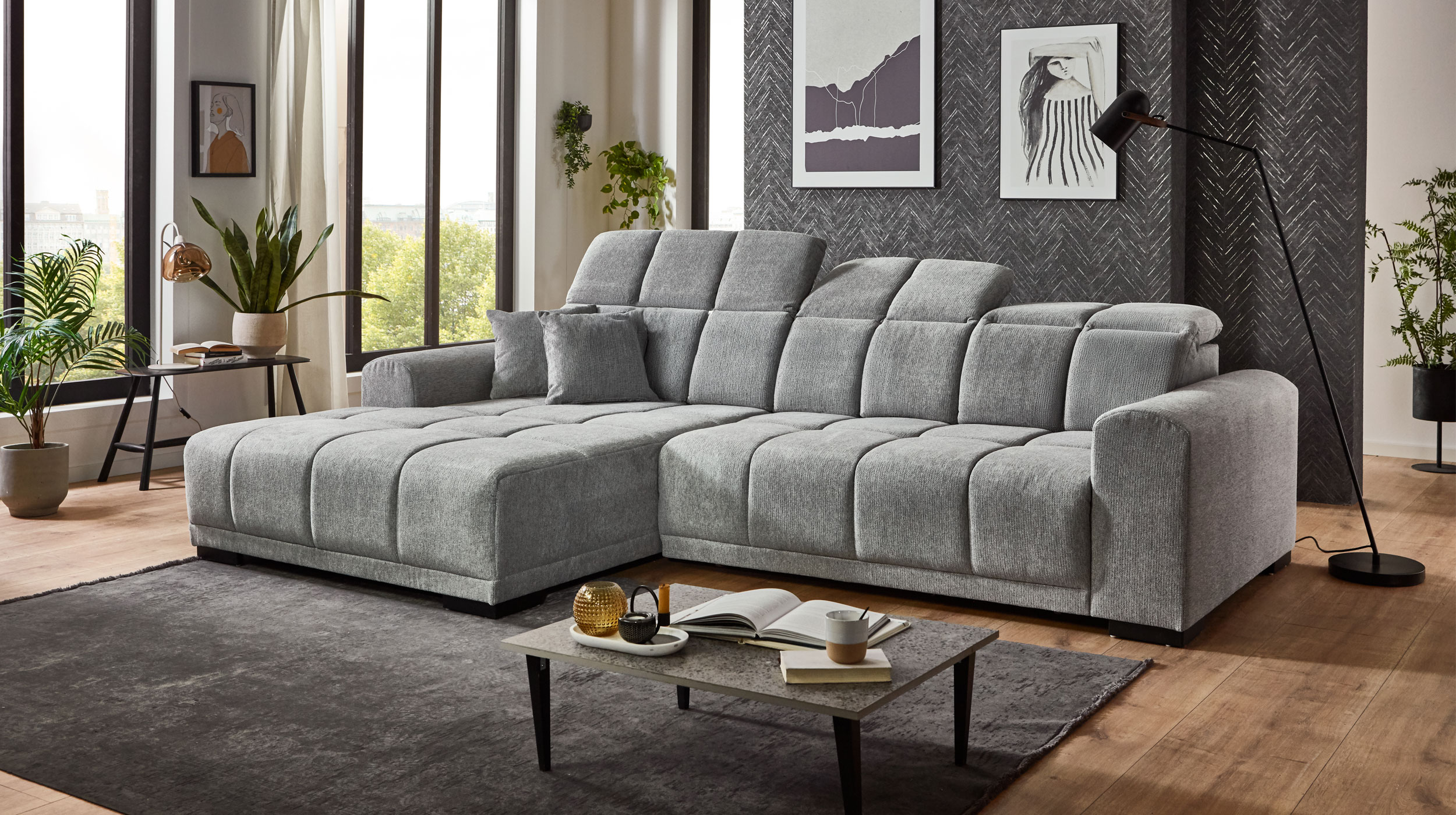 Ecksofa grau elektrisch ausfahrbar 301 cm - MASTER
